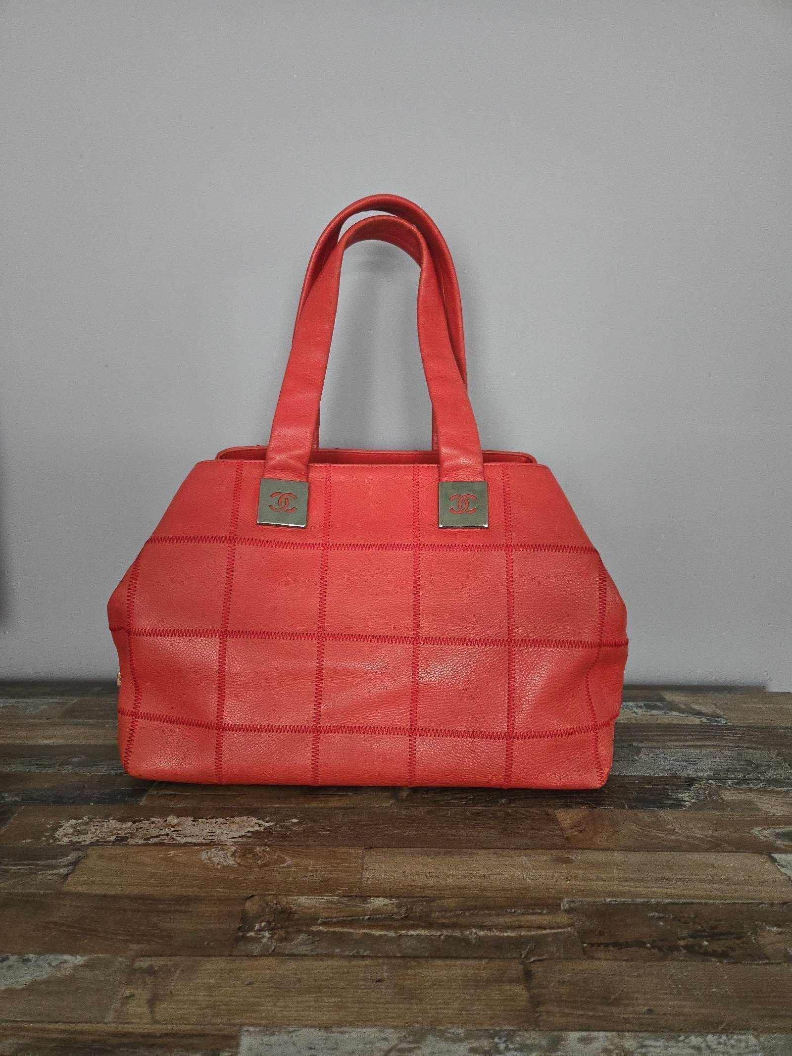 Vintage Chanel RED Square Quilted Leather Bowling Satchel