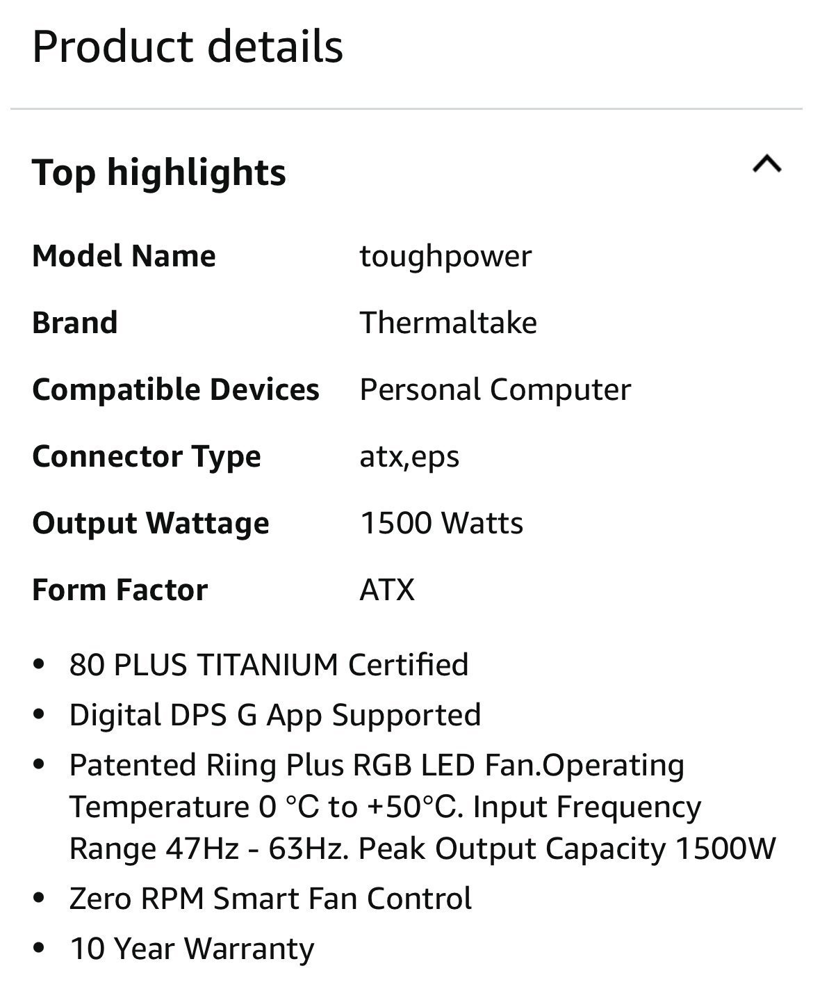 Thermaltake ToughPower I series iRGB PLUS 1250W Power Supply