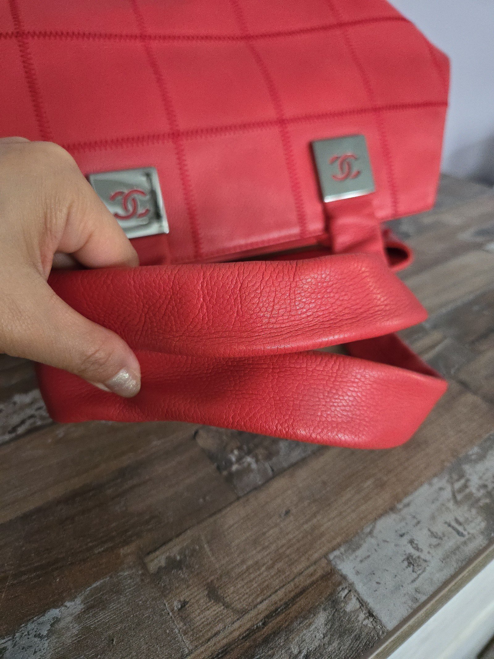 Vintage Chanel RED Square Quilted Leather Bowling Satchel