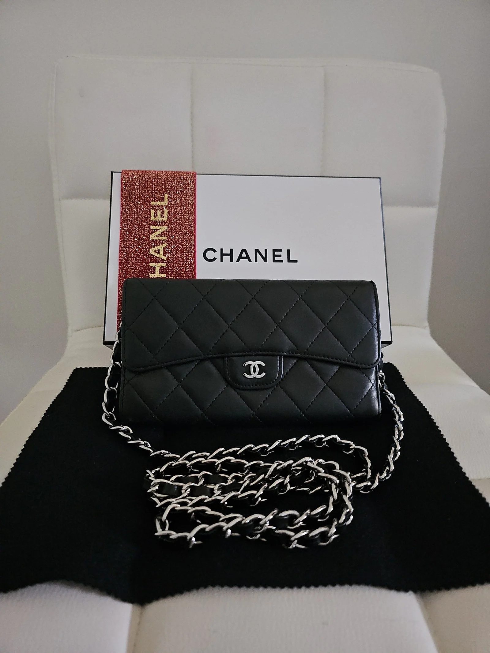 CHANEL Black Lambskin Quilted Large Gusset Flap Wallet