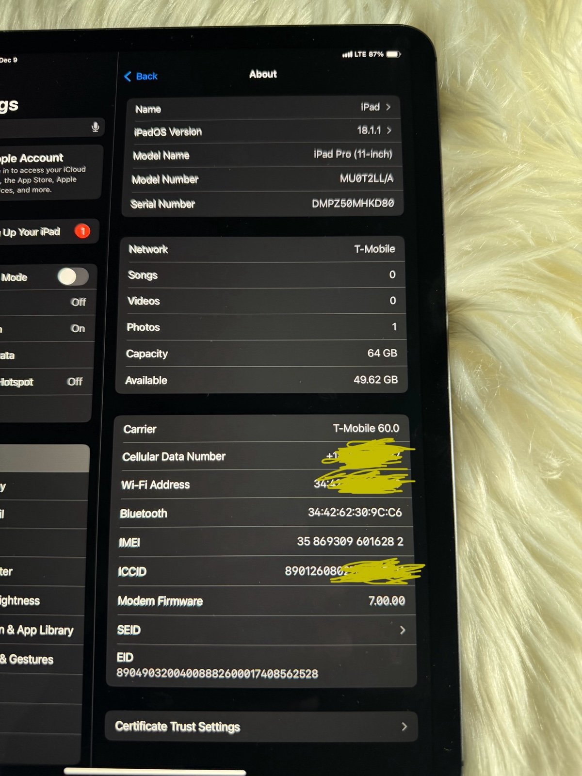 Apple iPad Pro 11 Inch WiFi + Cellular Unlocked Space Gray 9N11