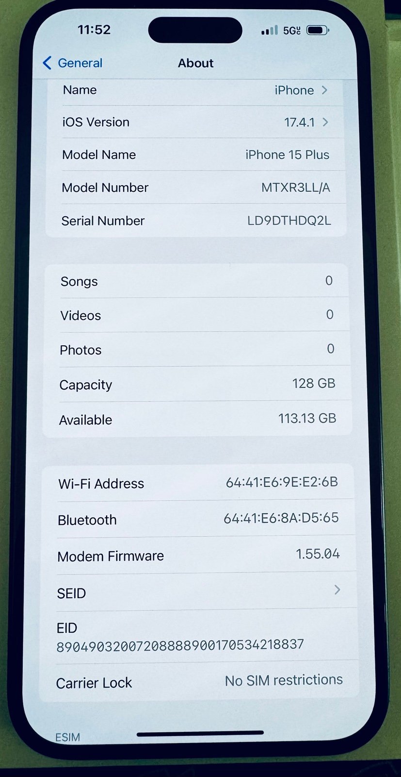 Apple iPhone 15 Plus 128 GB Black Unlocked 7G86