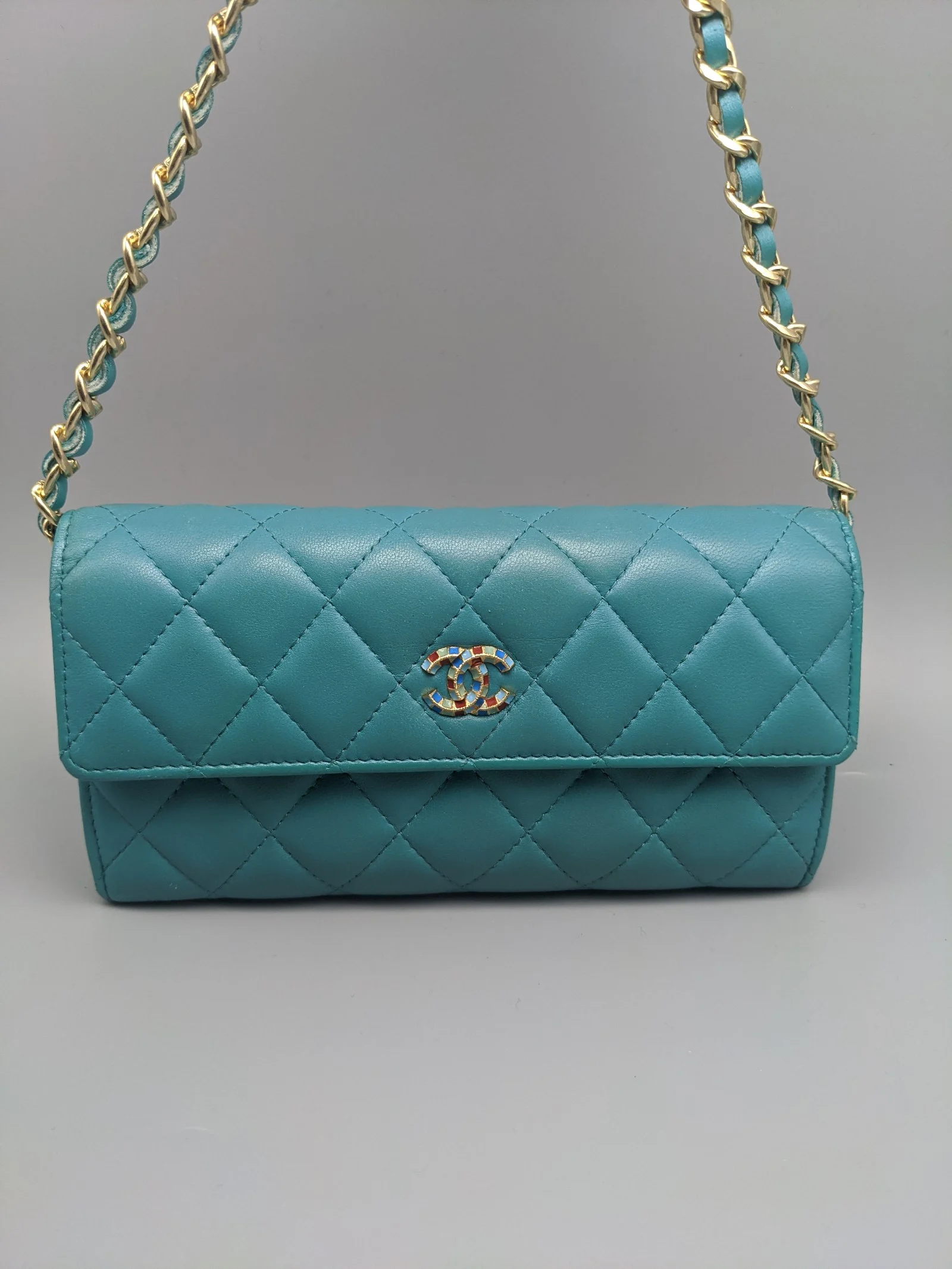 Chanel  Turquoise Lambskin Leather CC Flap Bag Wallet