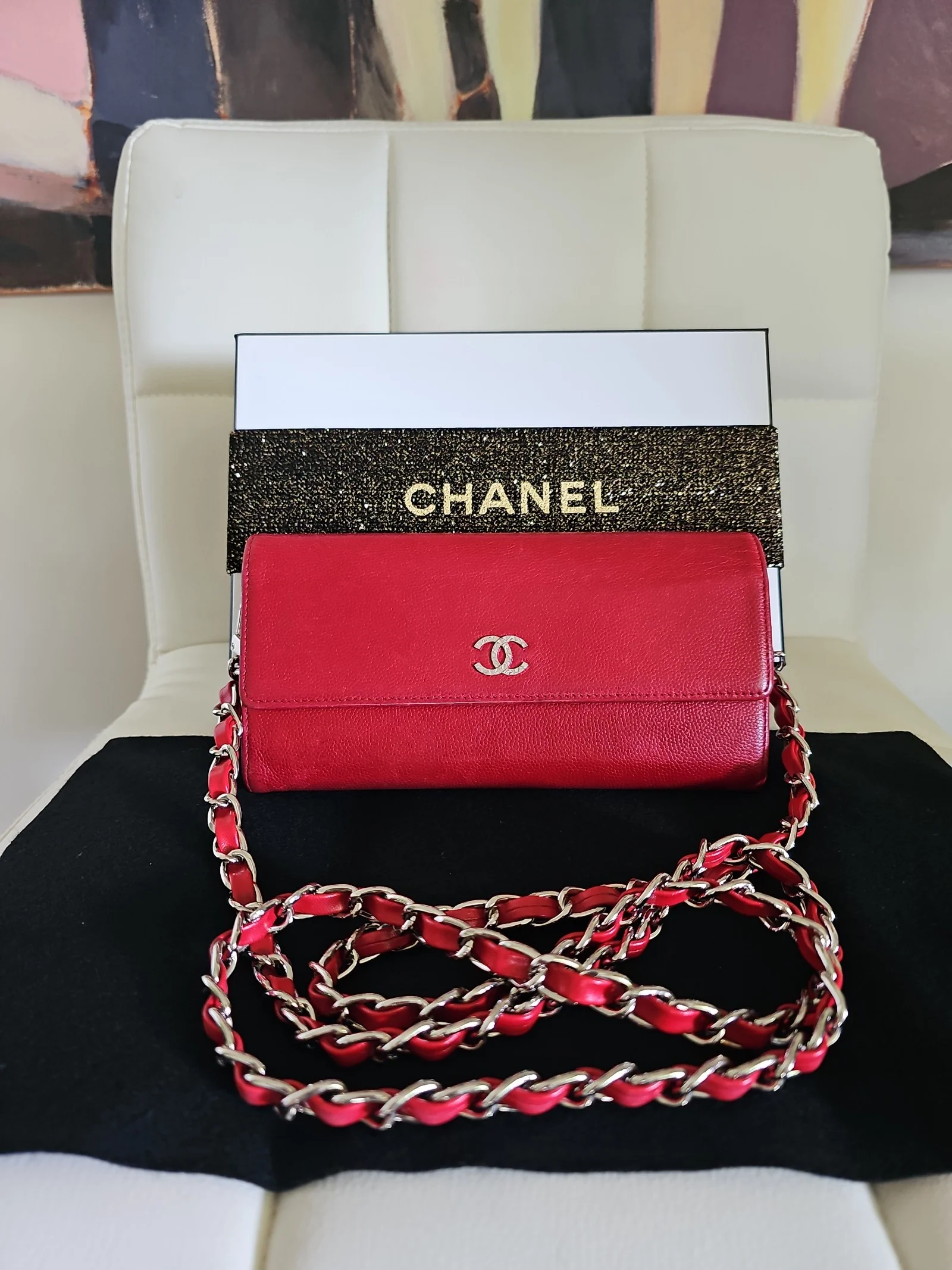 CHANEL Red Leather Long Wallet