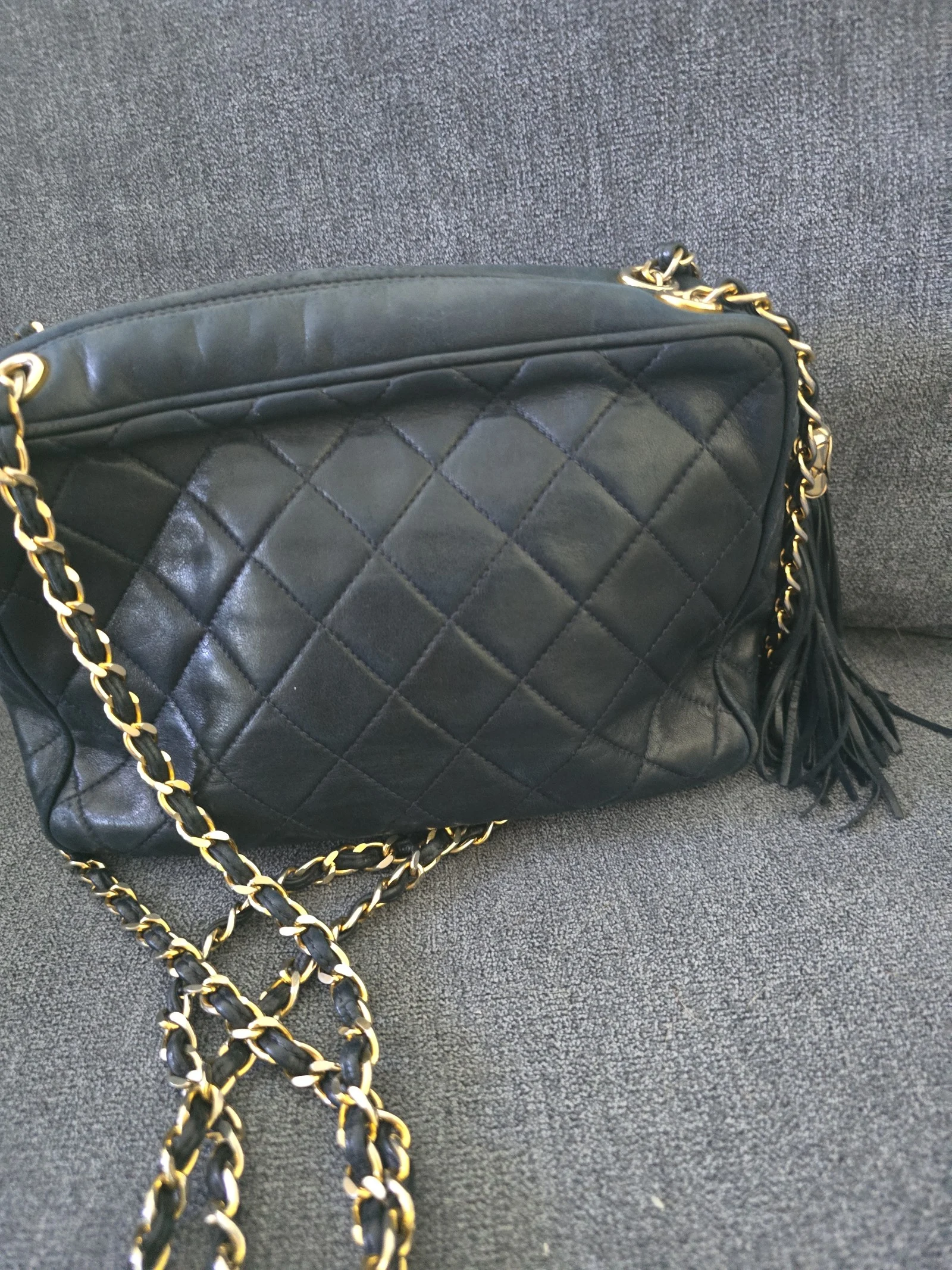 Chanel Lambskin Leather CAMERA SZ BAG NAVY Fringe Chain Shoulder bag