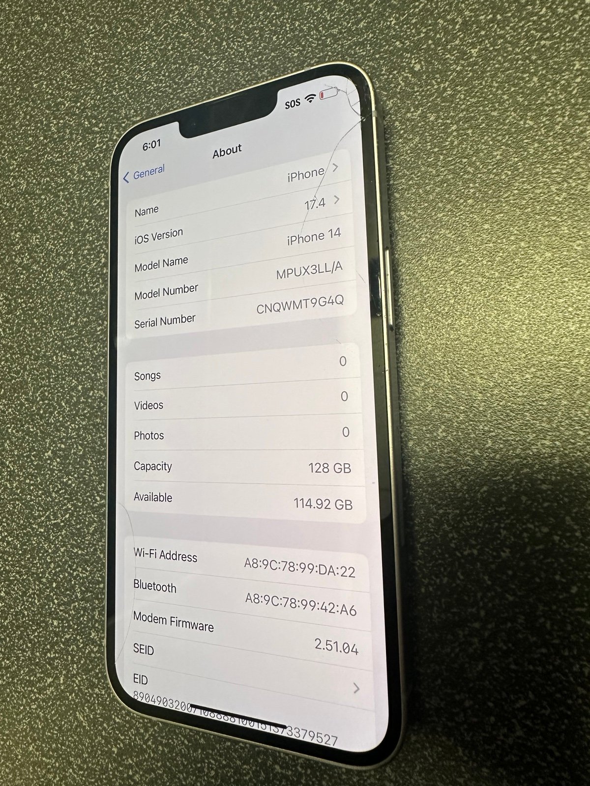 Apple iPhone 14 - 128GB Purple (T-Mobile ONLY SIM Locked) - 100% Battery Health 2D53