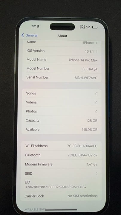 Apple iPhone 14 Pro Max Physical SIM Card + Esim 128GB Unlocked 8N32