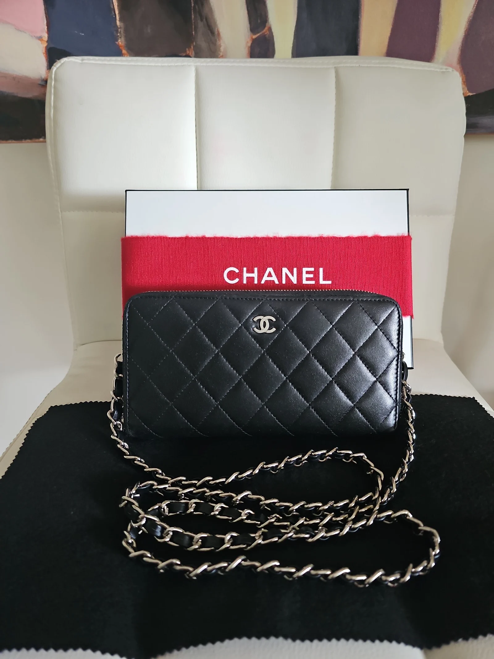 CHANEL Black Lambskin Quilted Zip Around Wallet