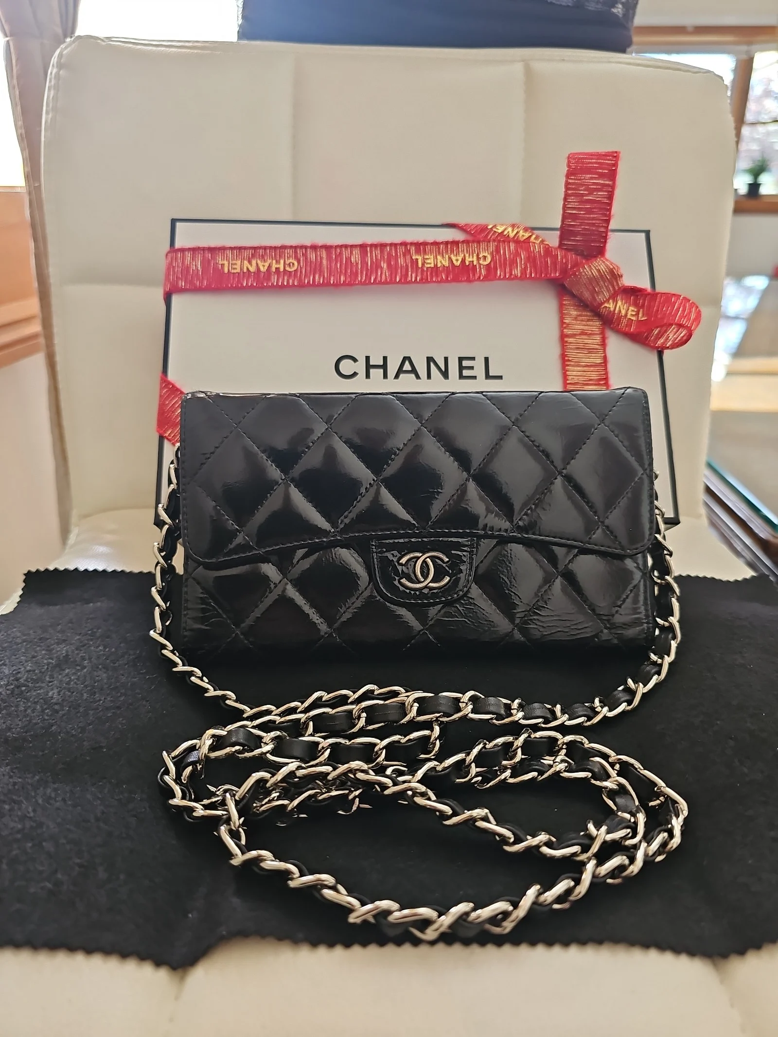 CHANEL Patent Leather Quilted Large Flap Wallet