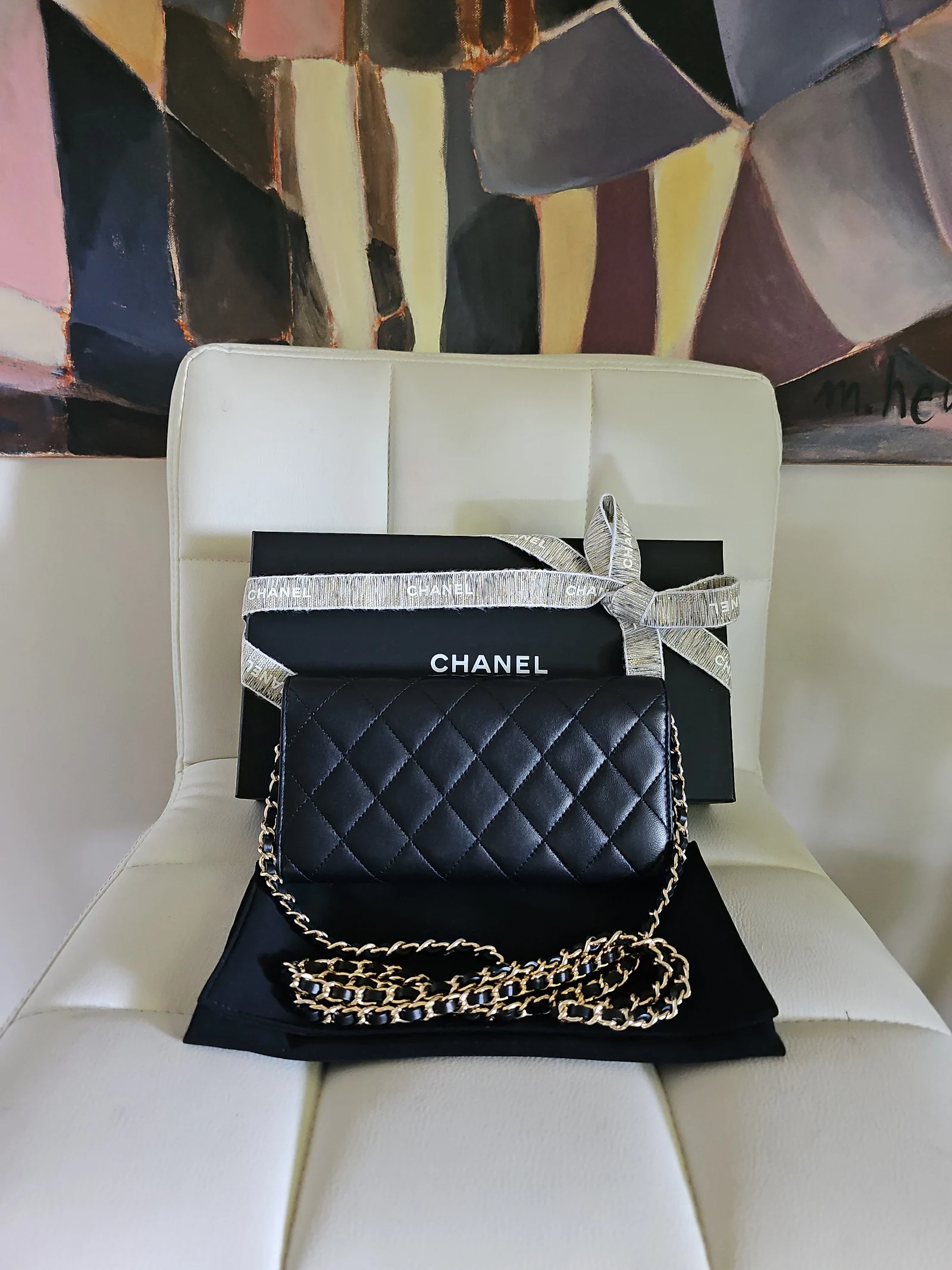 CHANEL Black Lambskin Quilted Large Gusset Flap Wallet