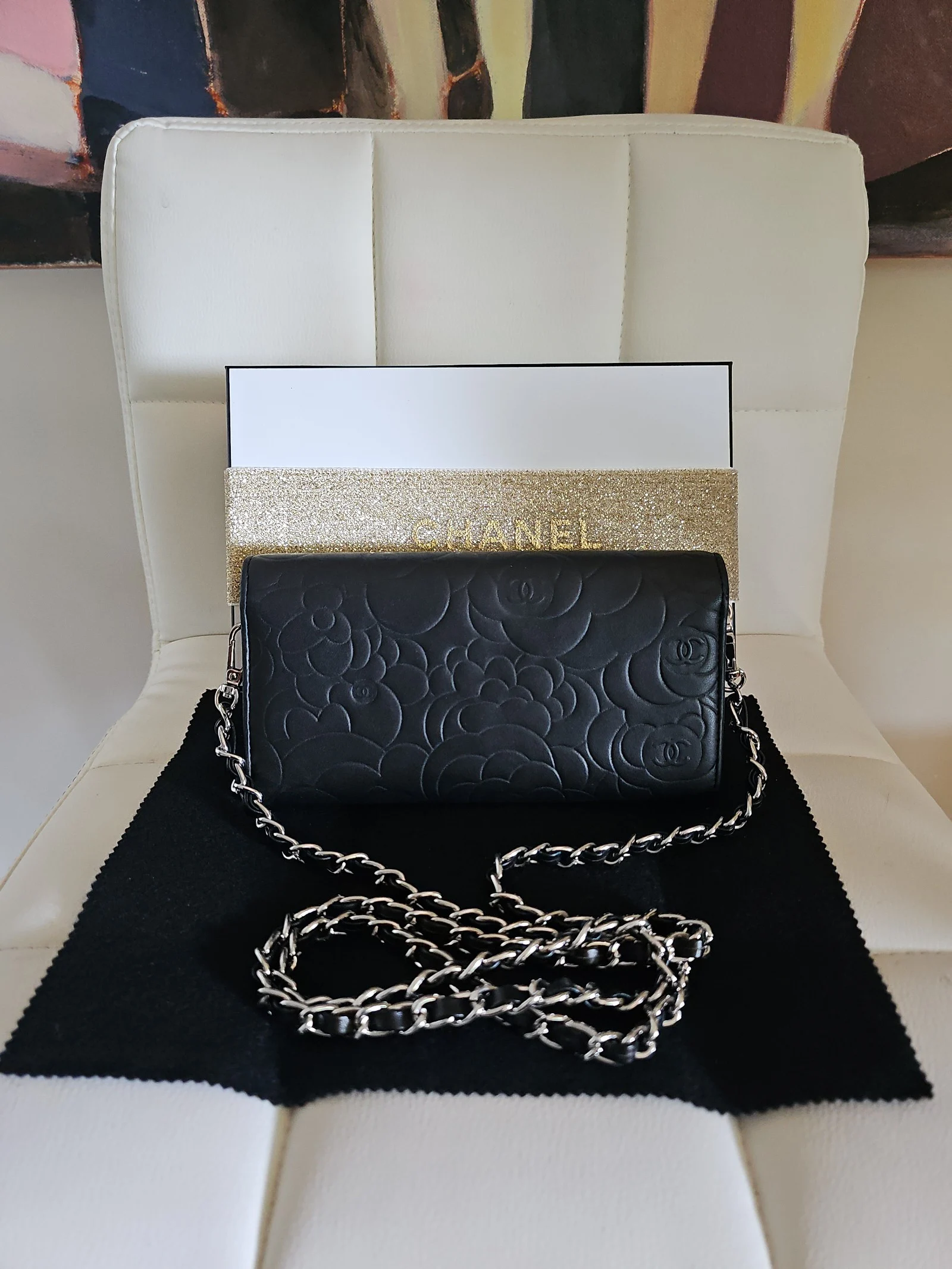 CHANEL Black Lambskin Camellia Embossed Wallet