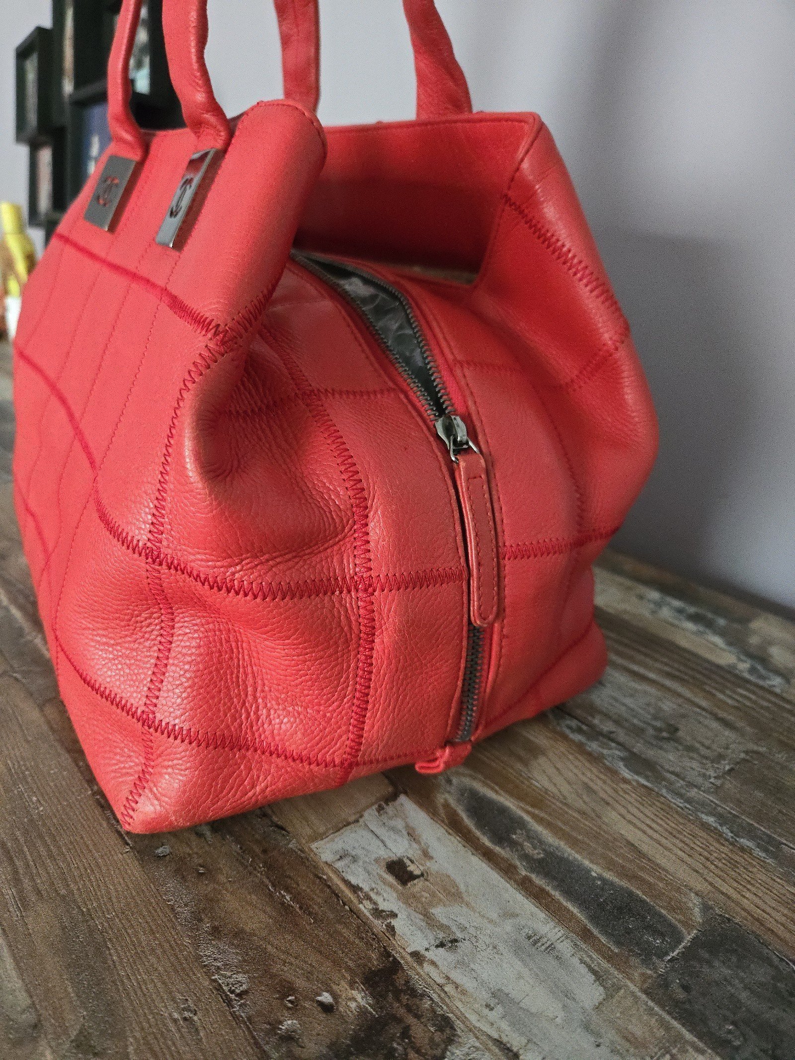 Vintage Chanel RED Square Quilted Leather Bowling Satchel
