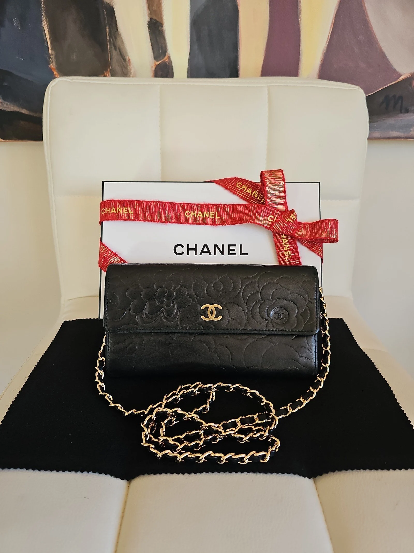 CHANEL Black Lambskin Camellia Embossed Wallet