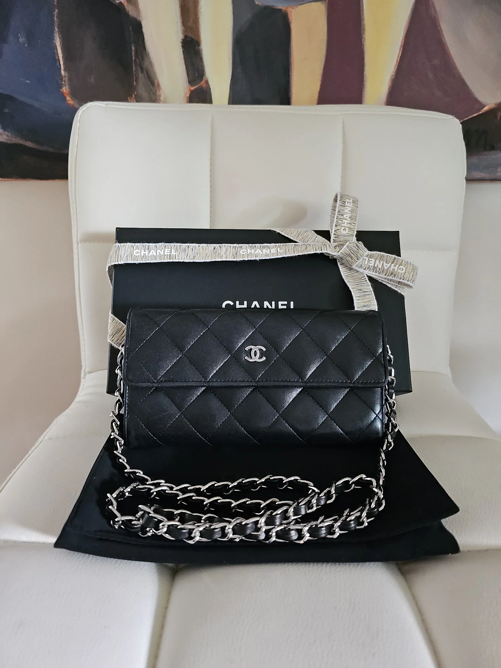 CHANEL Black Lambskin Quilted Long Wallet