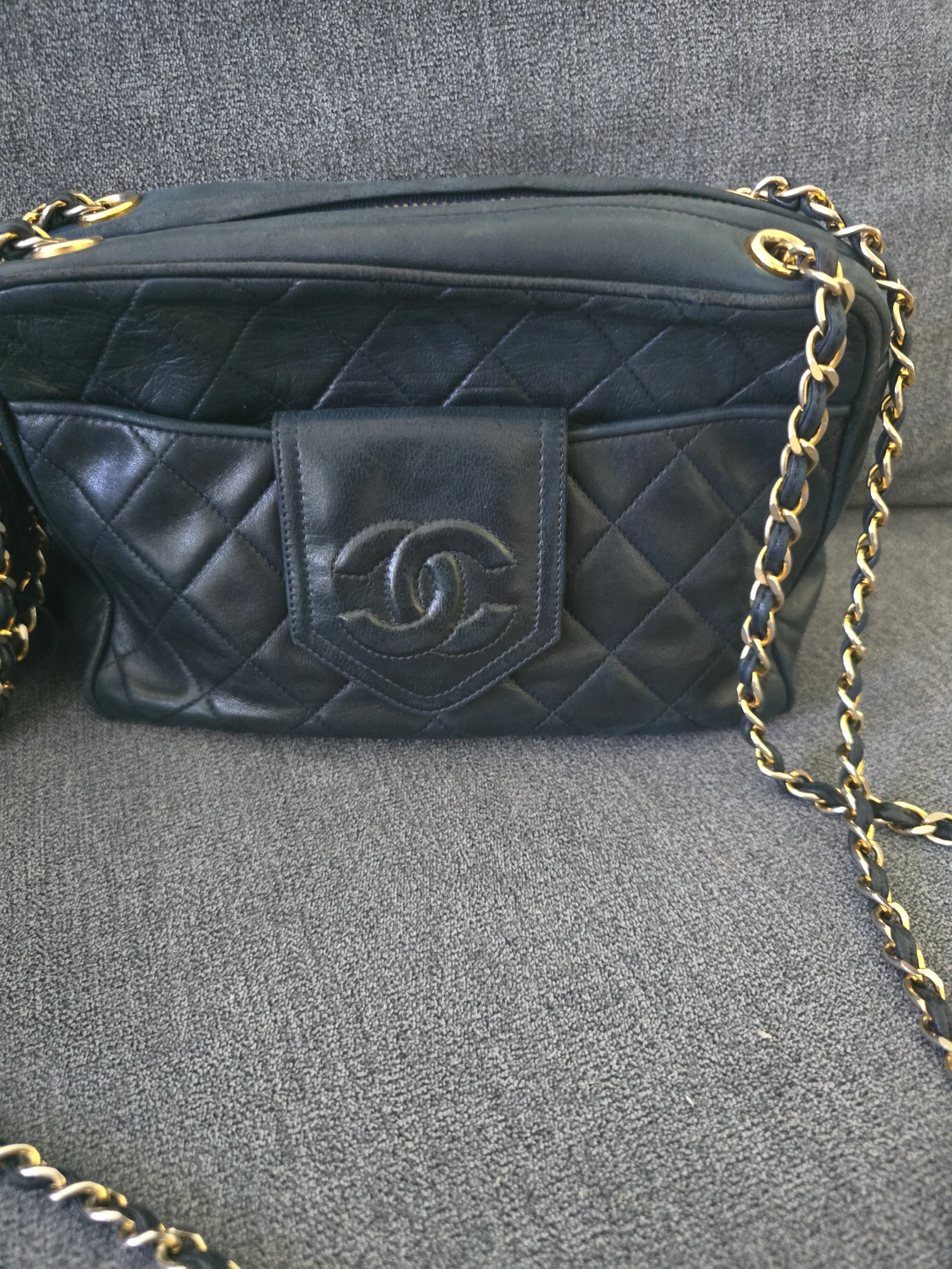 Chanel Lambskin Leather CAMERA SZ BAG NAVY Fringe Chain Shoulder bag