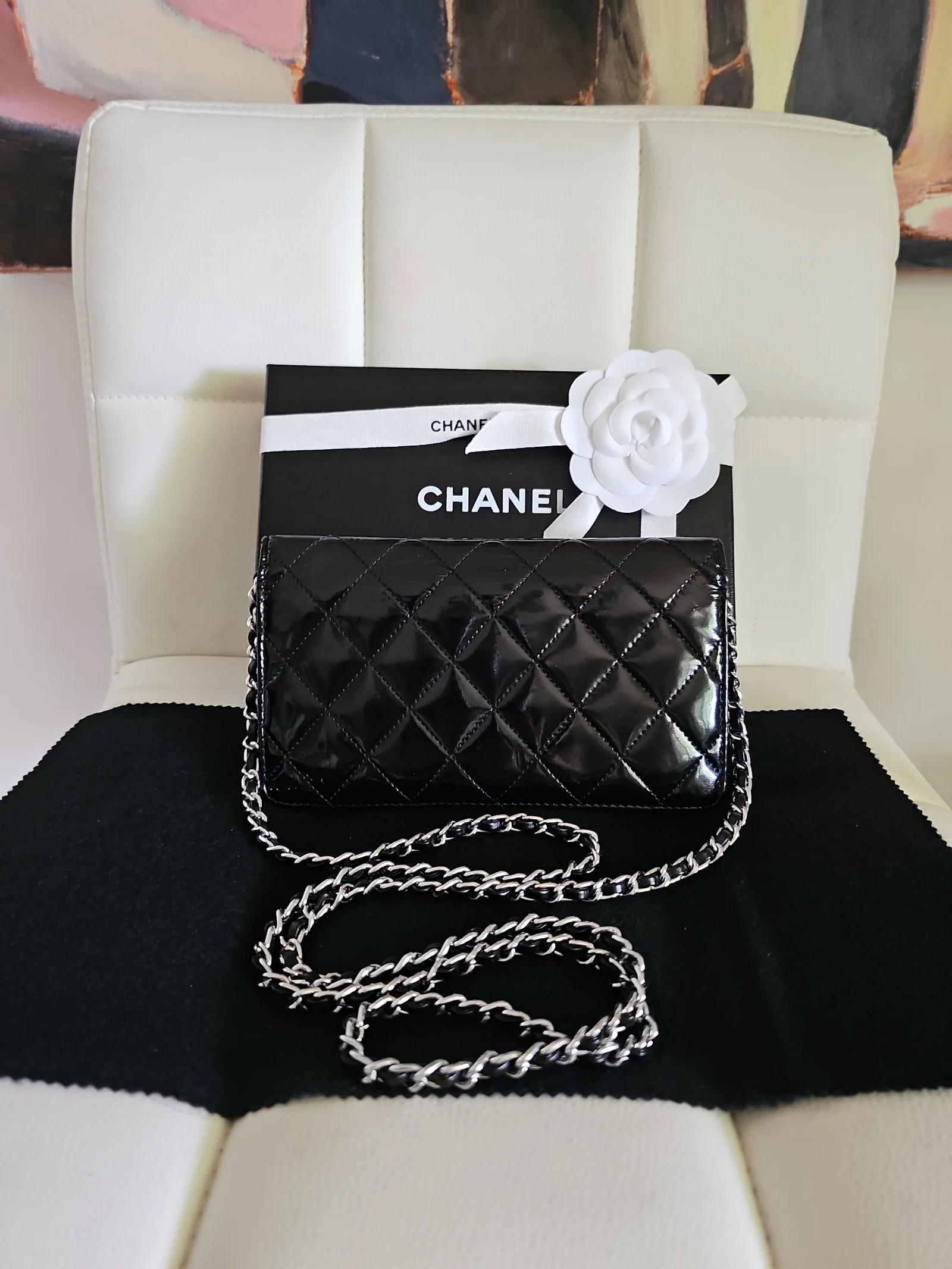 CHANEL Black Patent Leather Matelasse Wallet