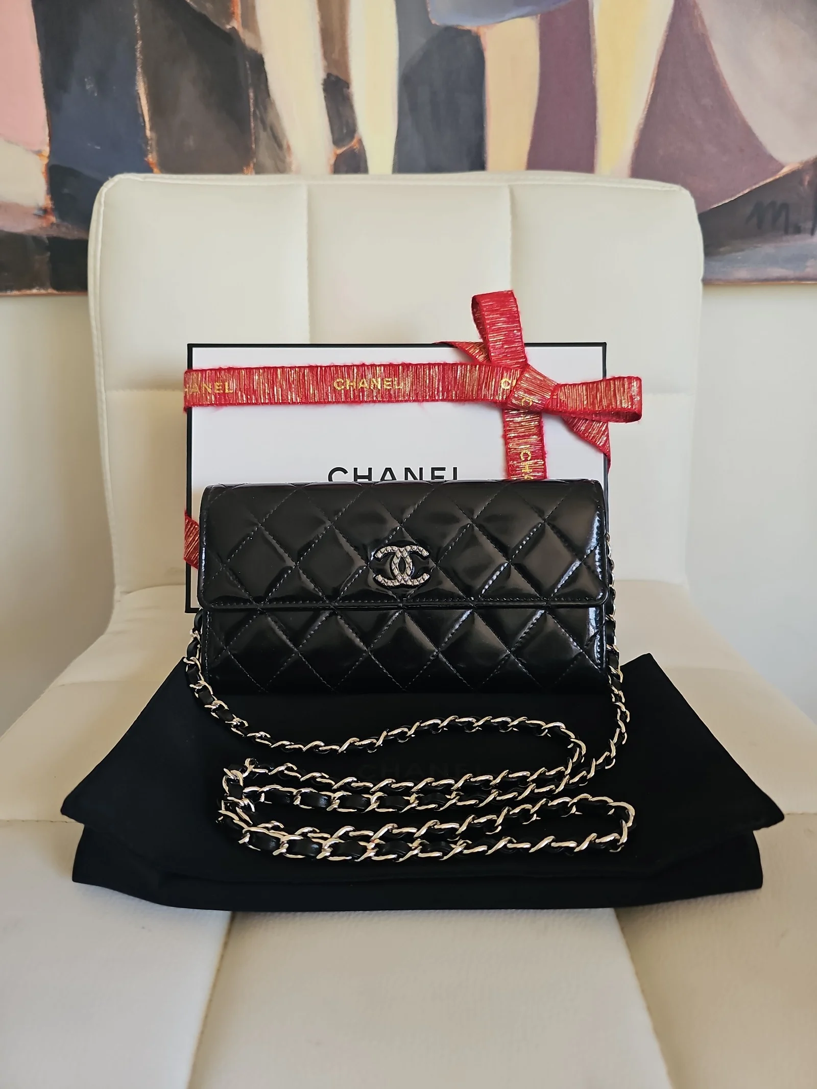 CHANEL Black Patent Leather Quilted Long Wallet