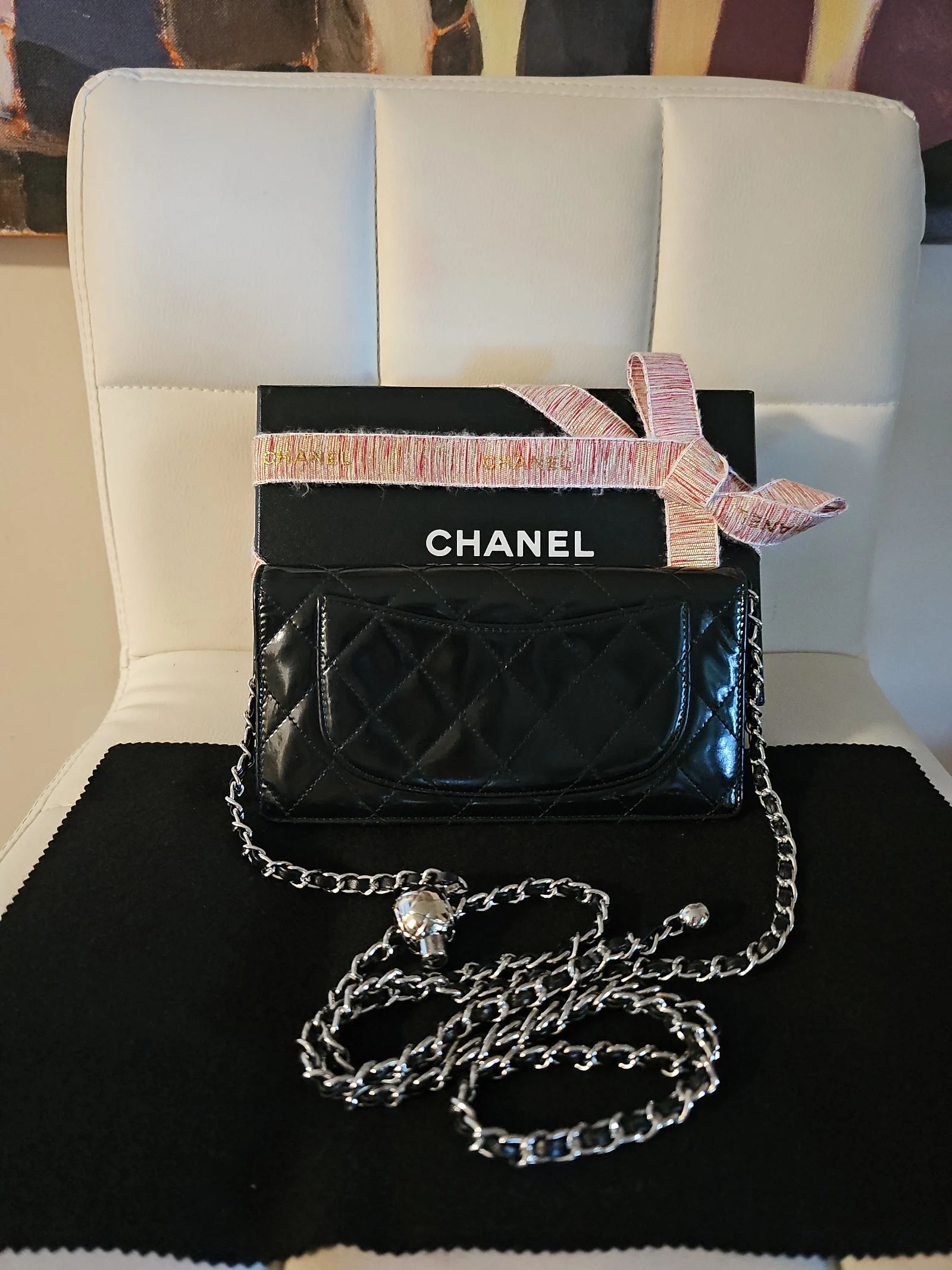 CHANEL Black Patent Leather Quilted Wallet