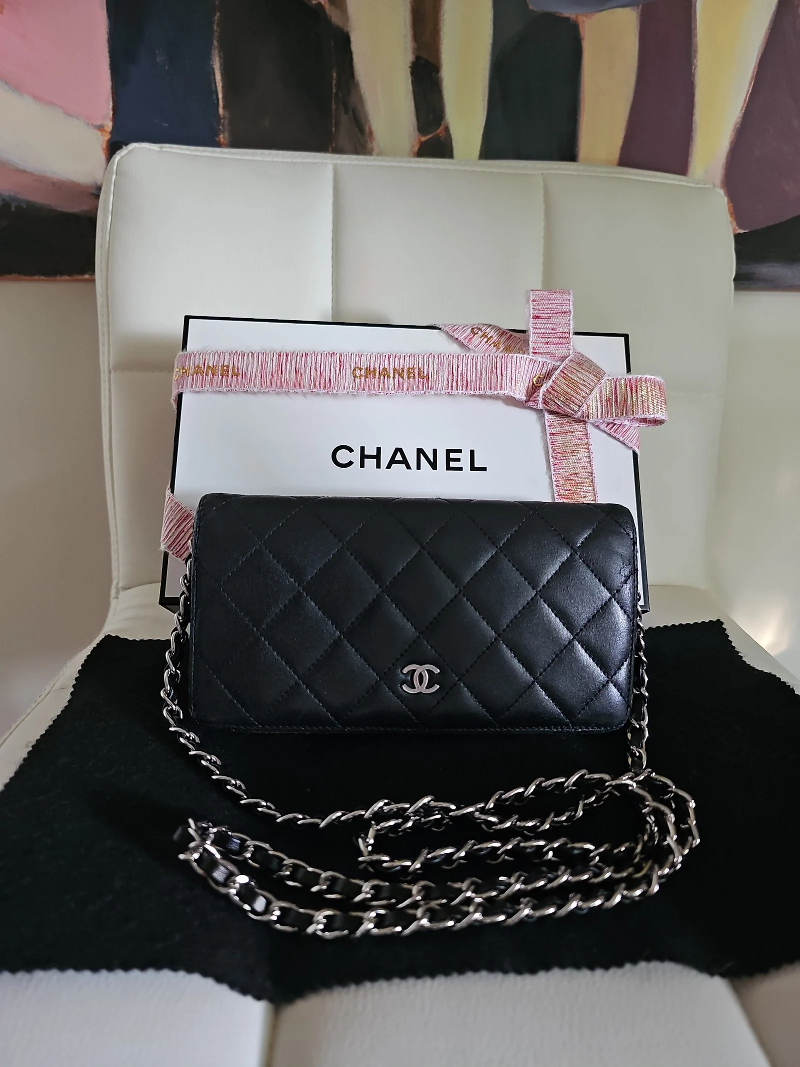 CHANEL Black Lambskin Quilted Wallet
