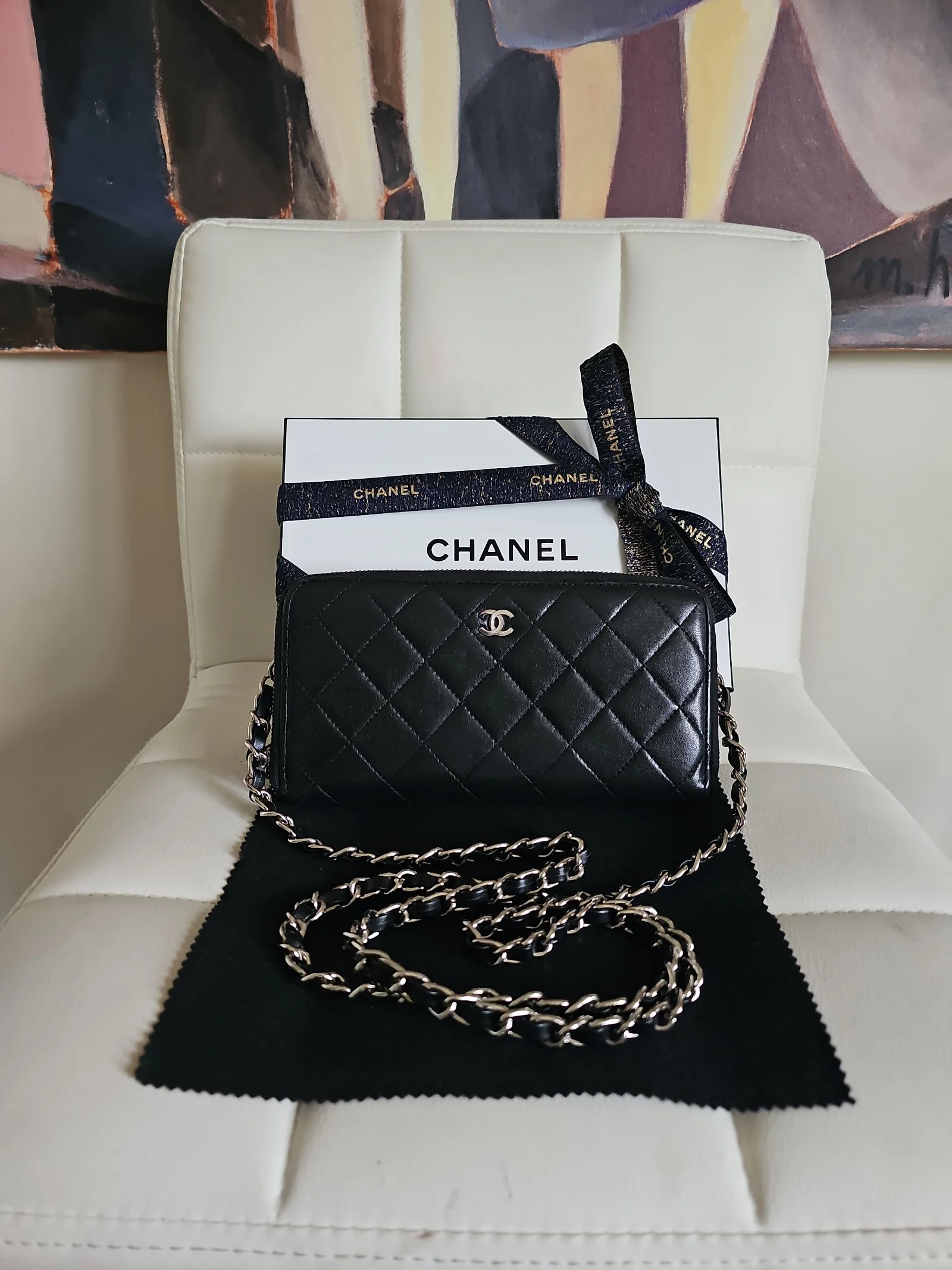 CHANEL Black Lambskin Quilted Zip Around Wallet