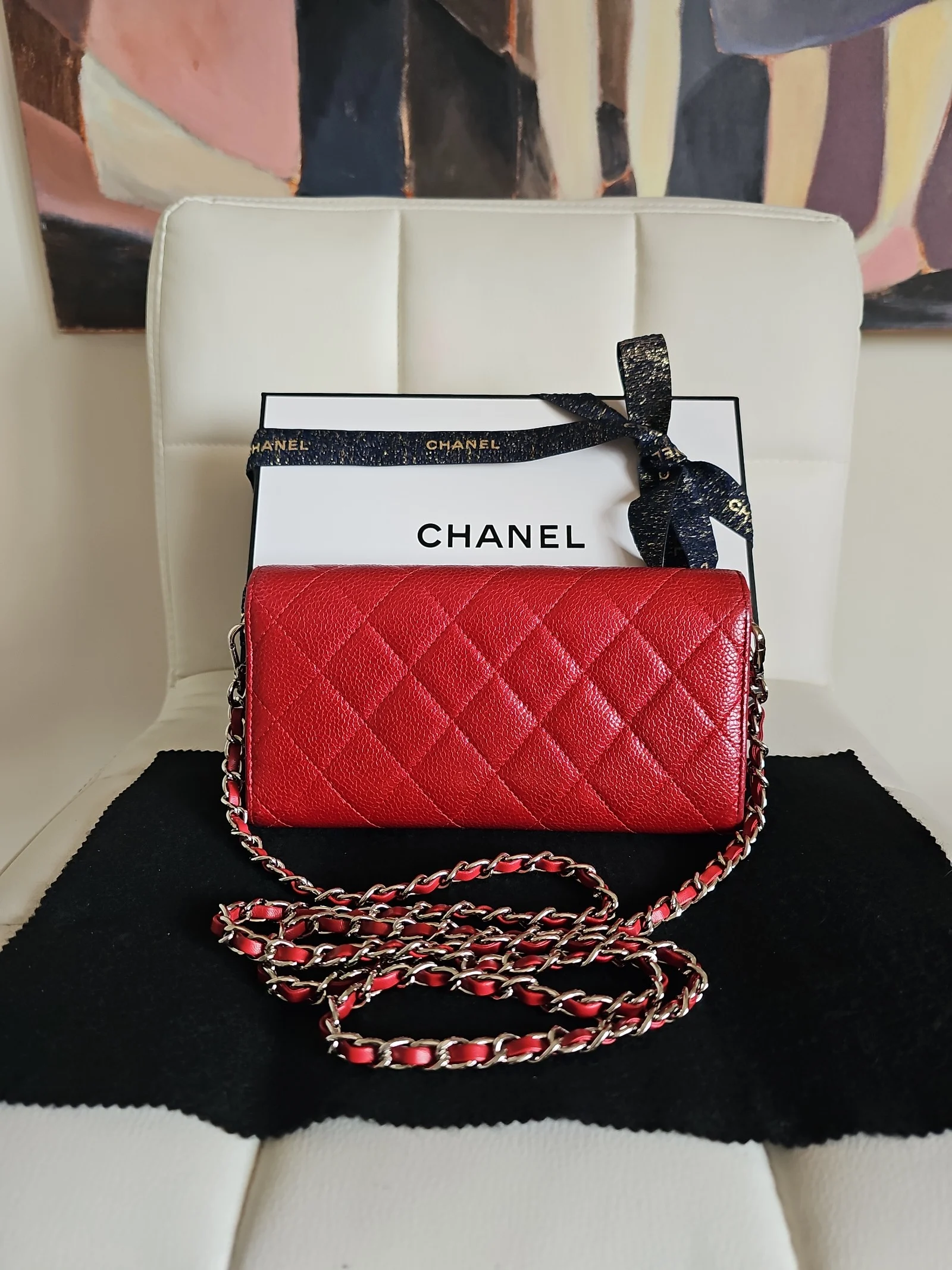 CHANEL Burgundy Caviar Leather Quilted Long Wallet