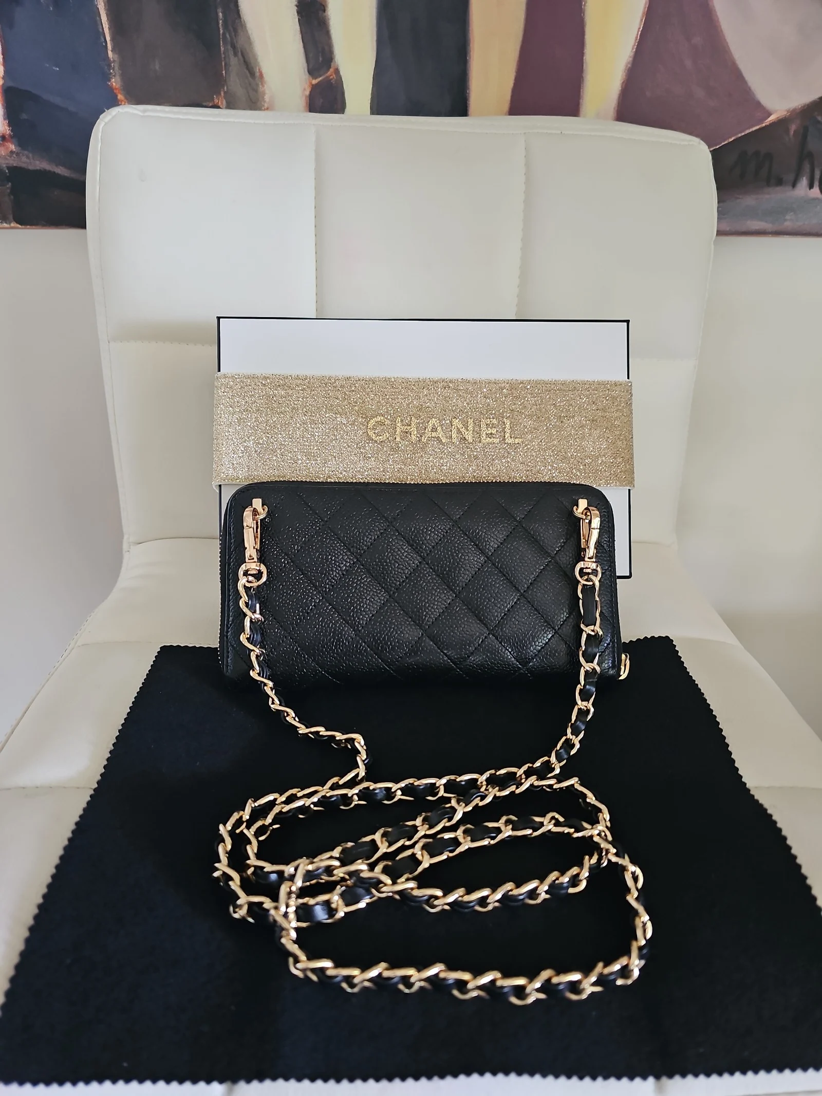 CHANEL Black Caviar Quilted Zip Around Wallet