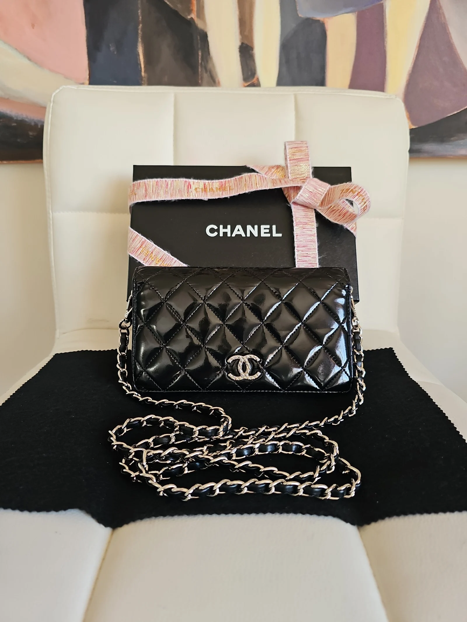 CHANEL Black Patent Leather Quilted Wallet
