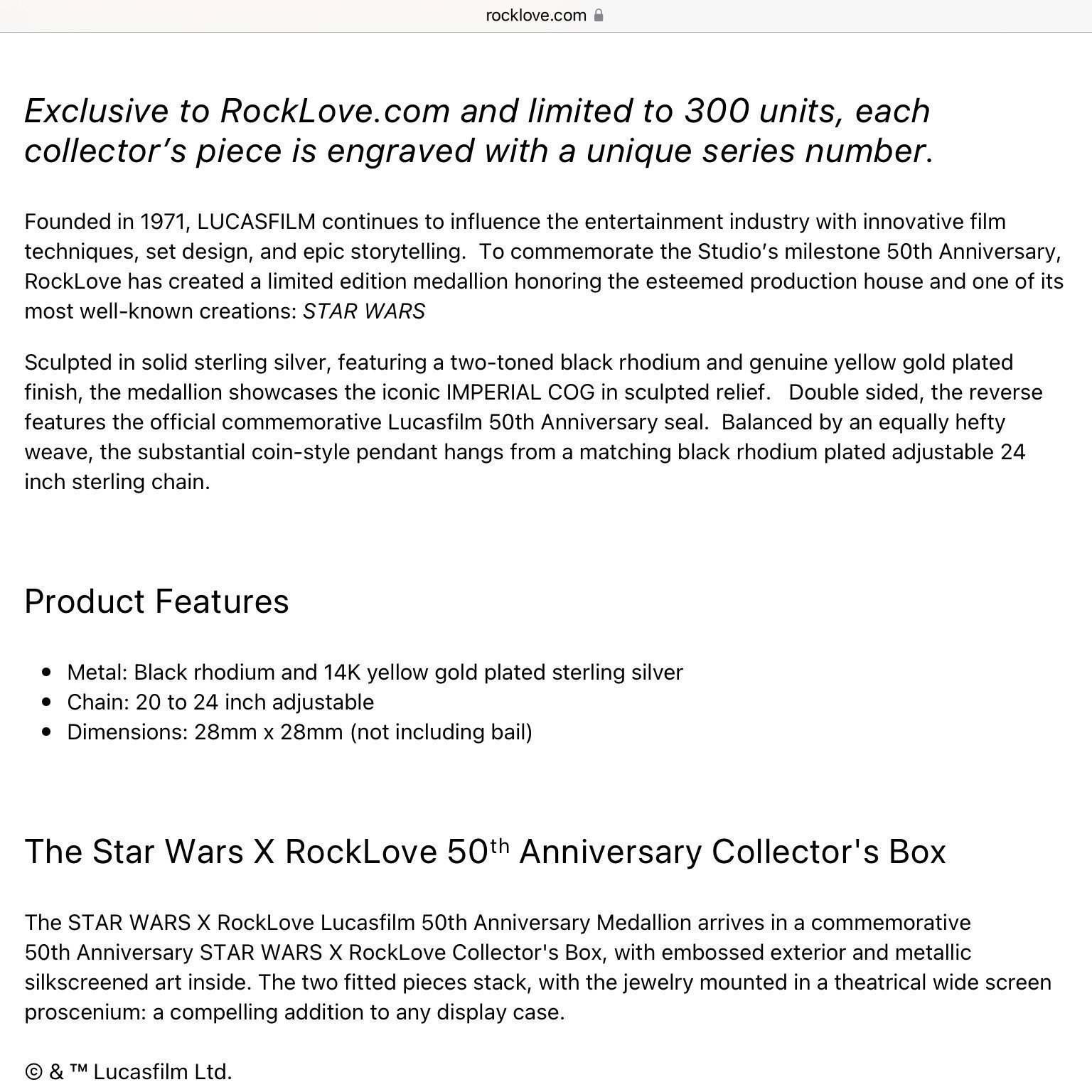 NIB Star Wars X RockLove Lucasfilm 50th Anniversary Imperial Sterling Necklace