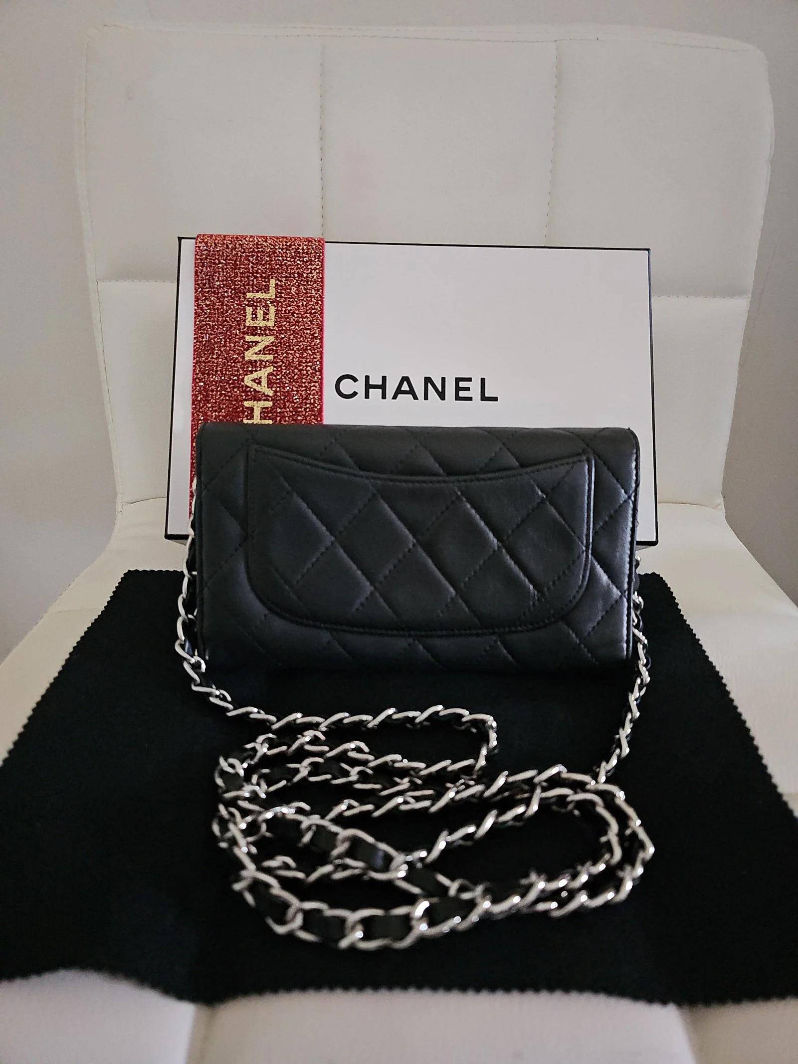 CHANEL Black Lambskin Quilted Large Gusset Flap Wallet