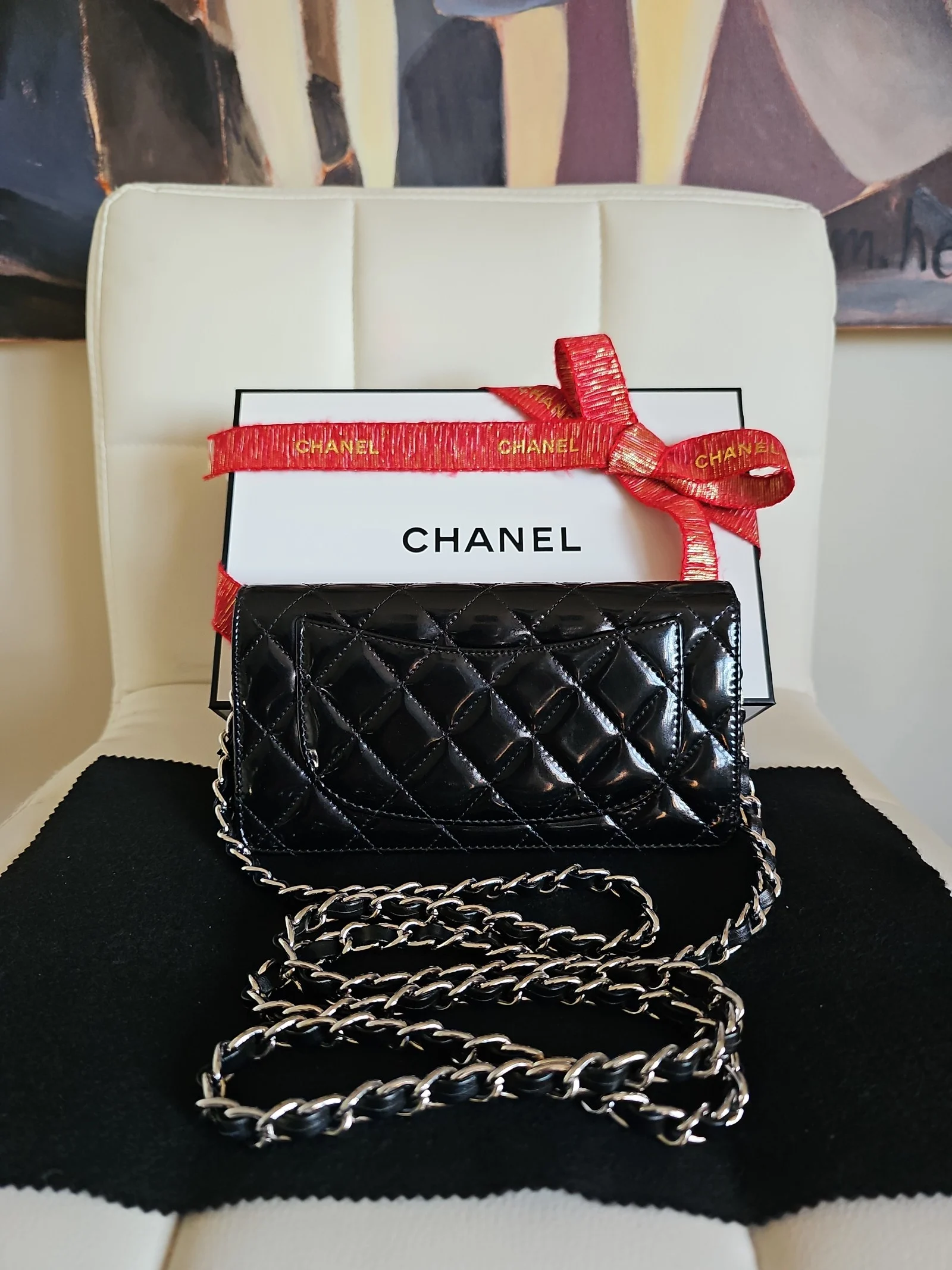 CHANEL Black Patent Leather Quilted Wallet