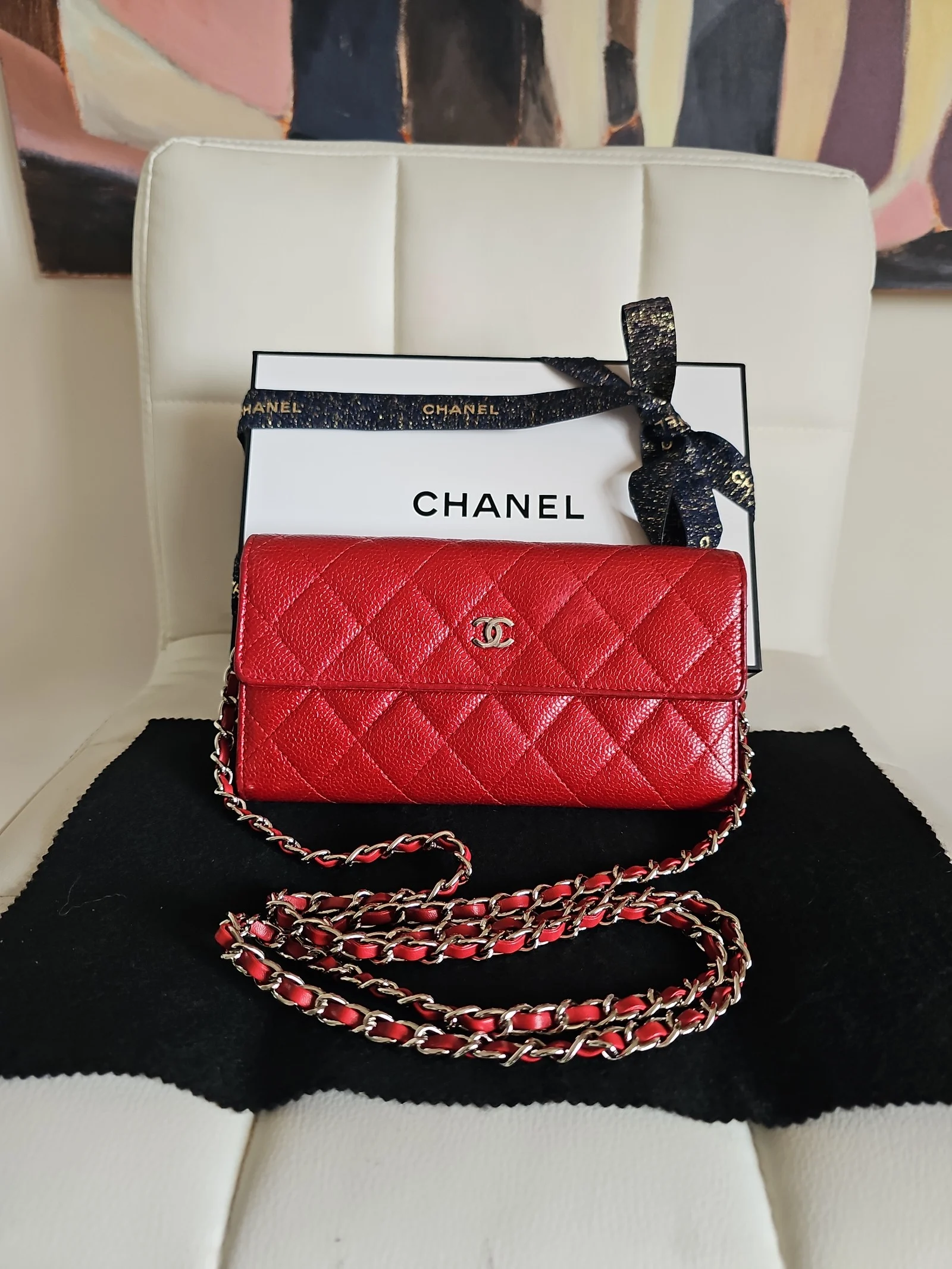 CHANEL Burgundy Caviar Leather Quilted Long Wallet
