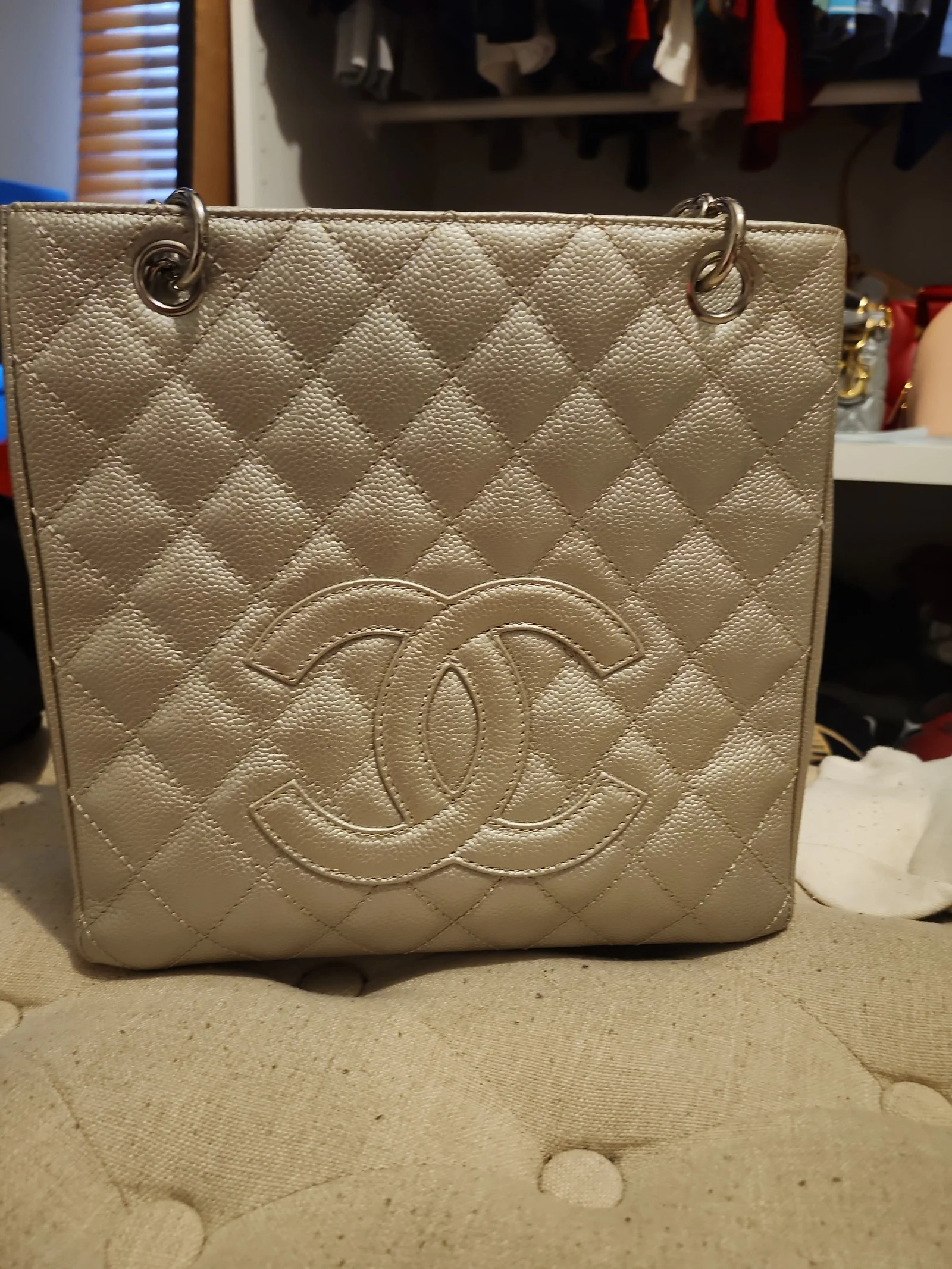 Chanel  Metallic Caviar Quilted Petit Shopping Tote PST Pearl