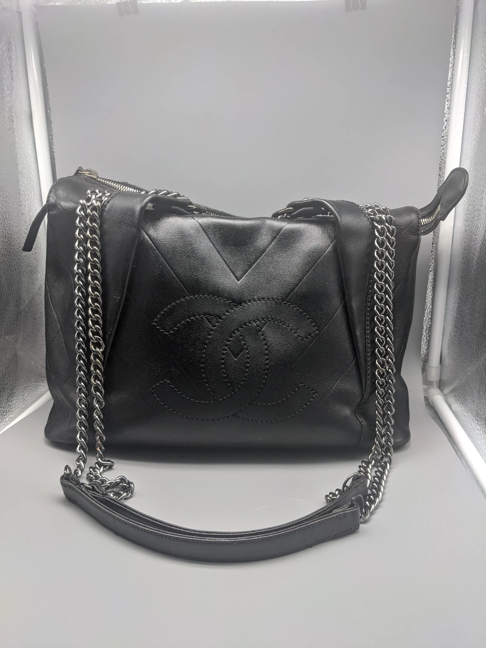 CHANEL Black Lambskin Leather V Stitch Medium Bag