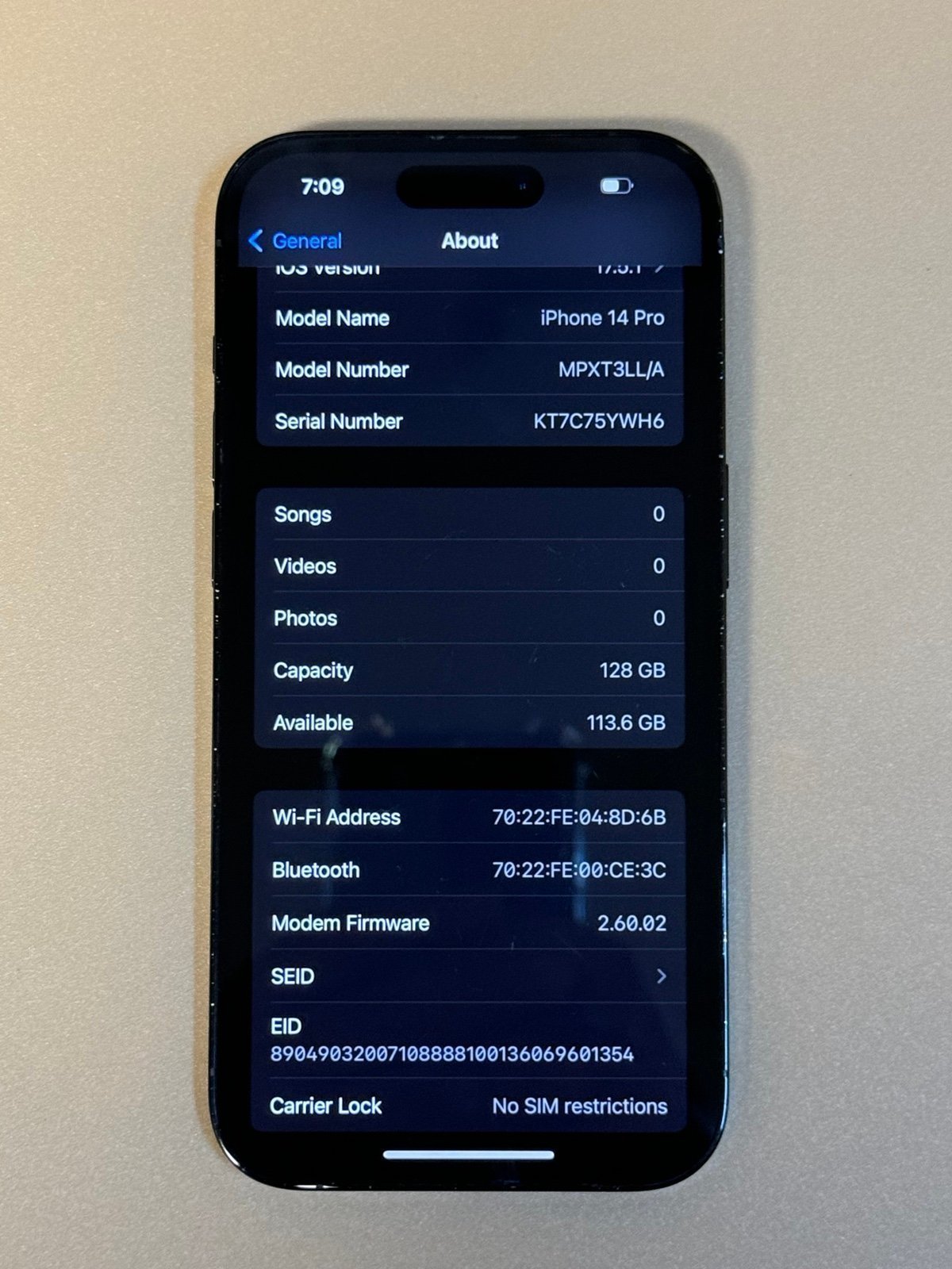 Apple iPhone 14 Pro 128 GB Unlocked In Graphite Black 7K17