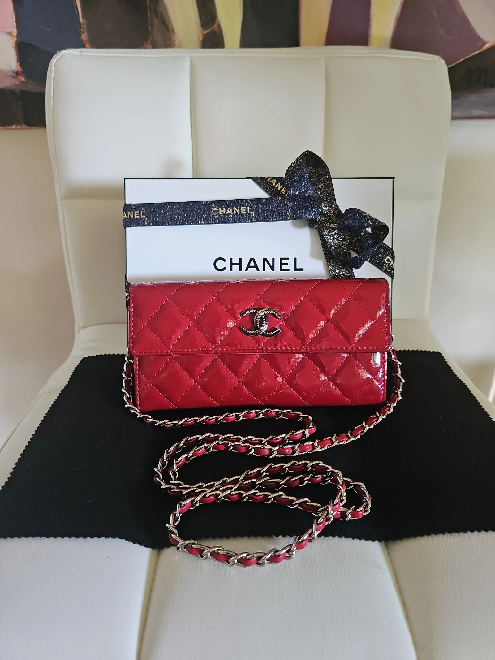CHANEL Red Patent Leather Quilted Long Wallet