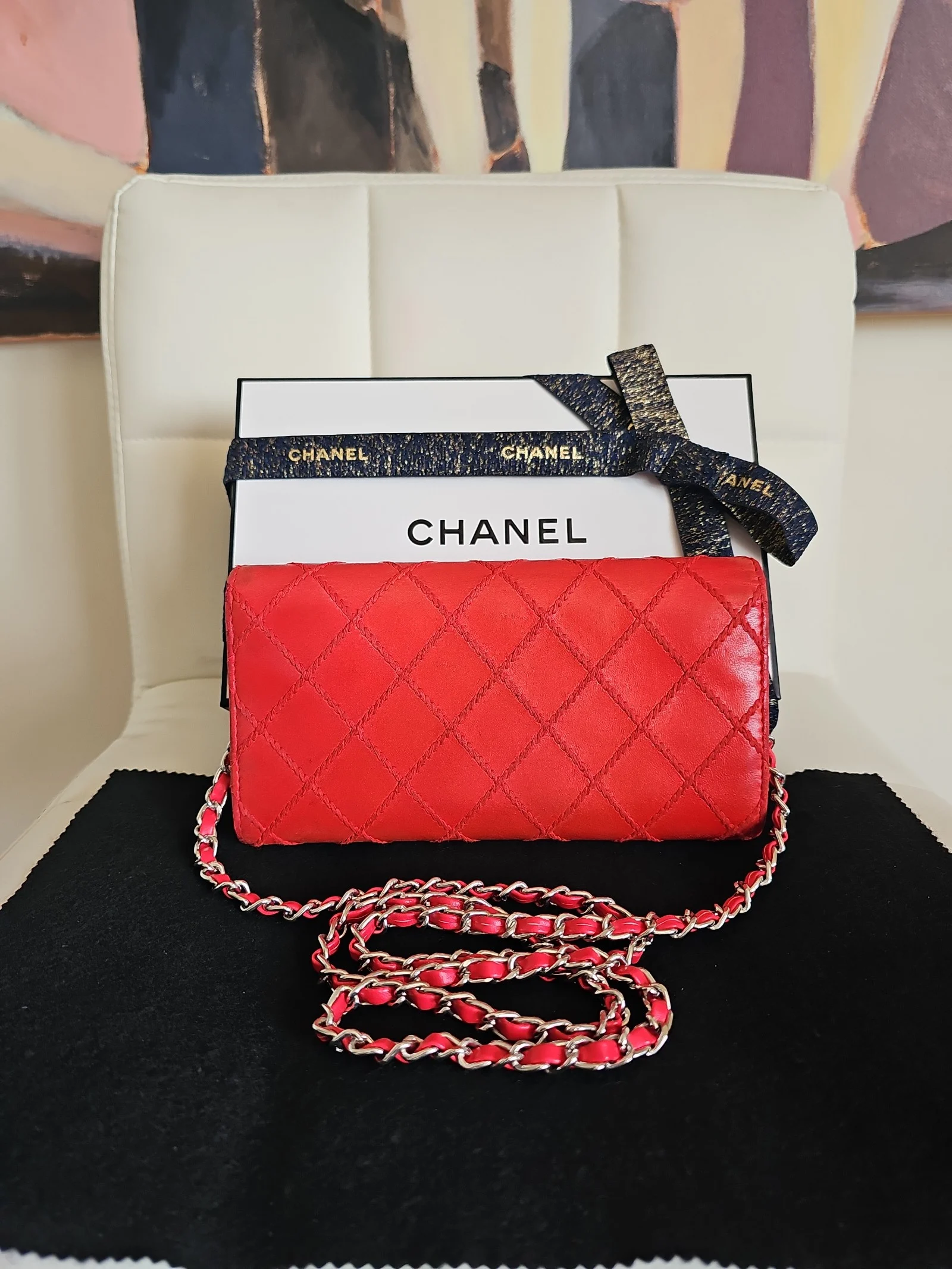 CHANEL Red Leather Quilted Long Wallet