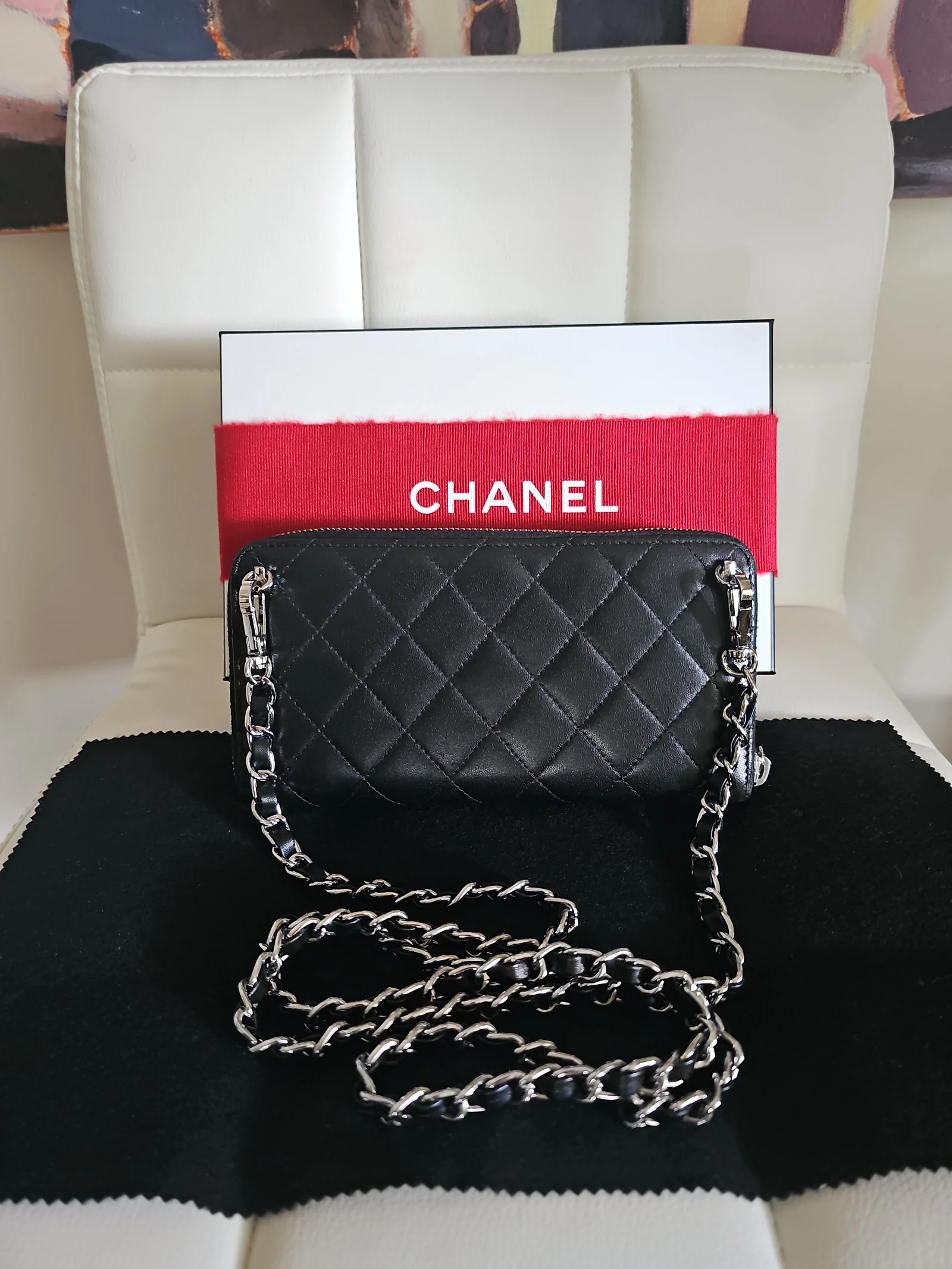 CHANEL Black Lambskin Quilted Zip Around Wallet