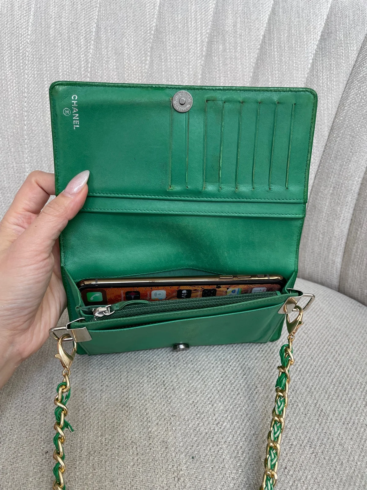 CHANEL CC Green Punching Leather Wallet on Chain