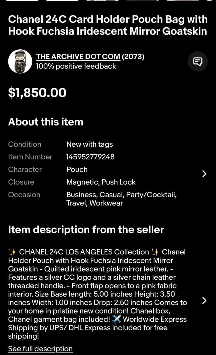 Chanel 24C Card Holder Pouch Bag with Hook Fuchsia Iridescent Mirror Goatskin