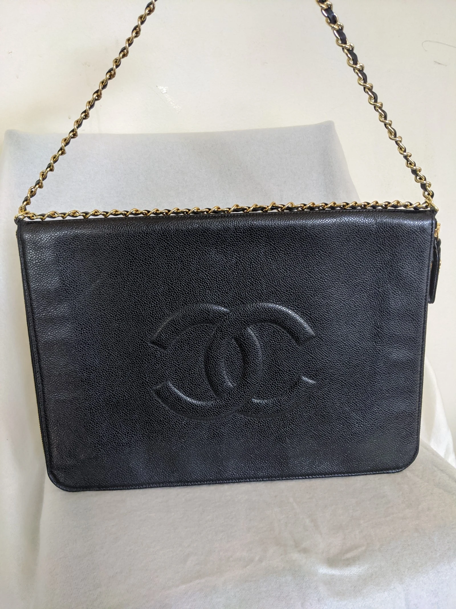 Bio Chanel Black Caviar Leather CC Logo Large Document Bag Clutch