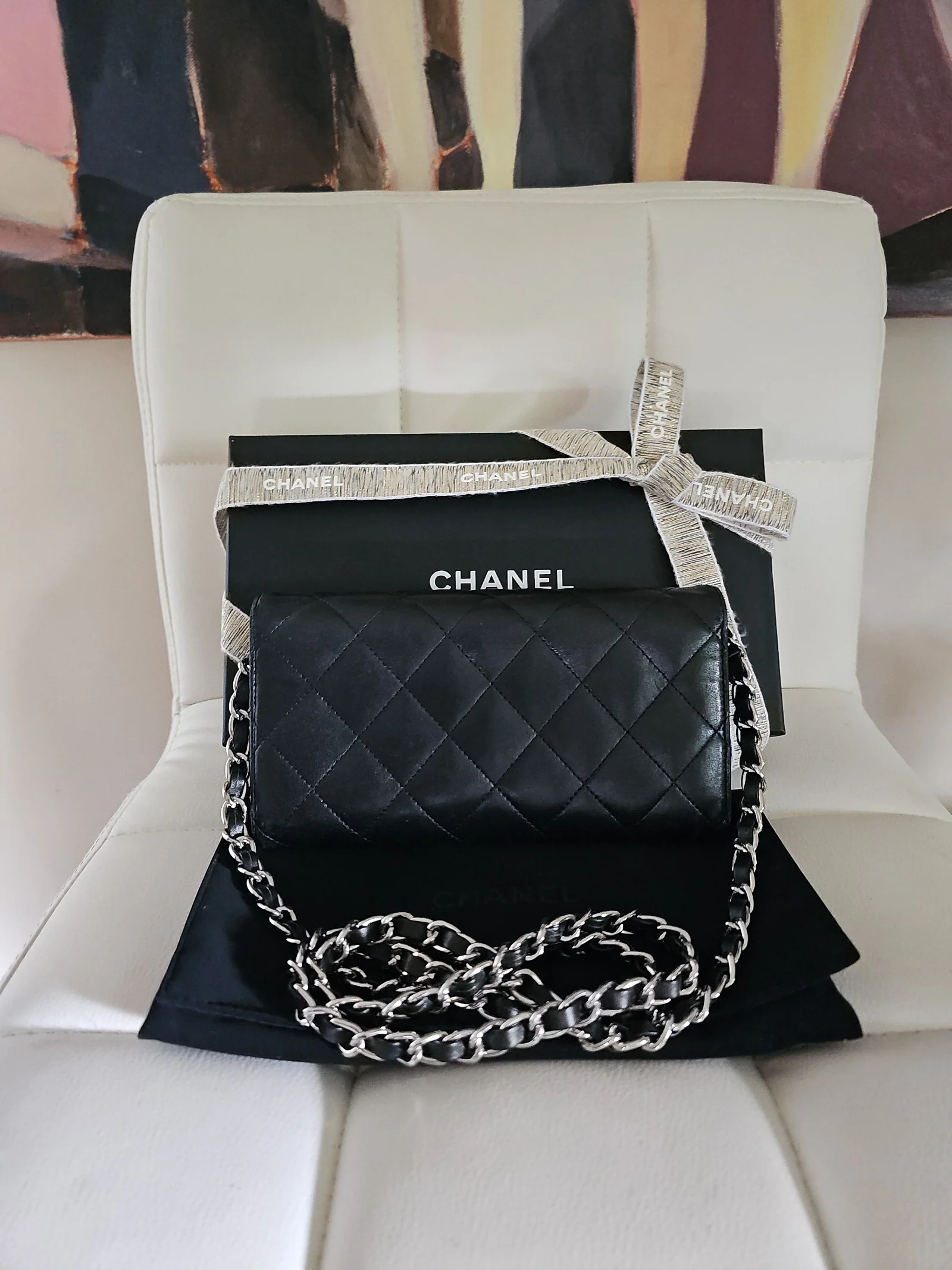 CHANEL Black Lambskin Quilted Long Wallet