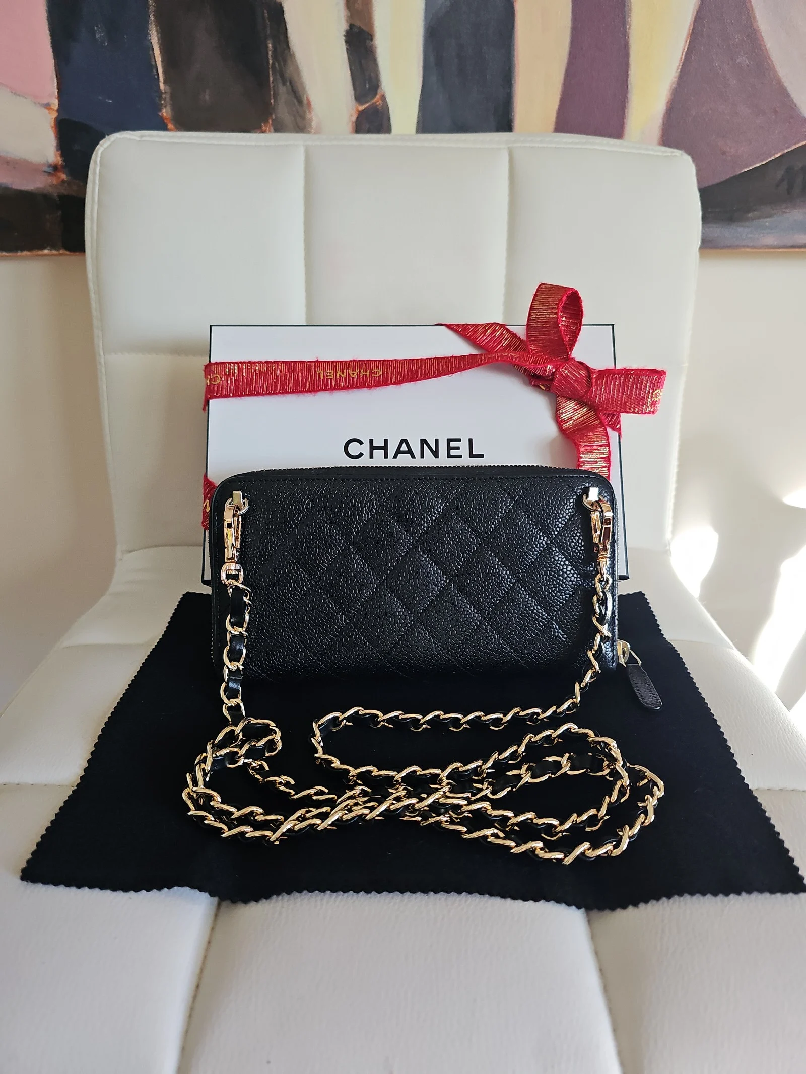CHANEL Black Caviar Quilted Zip Around Wallet