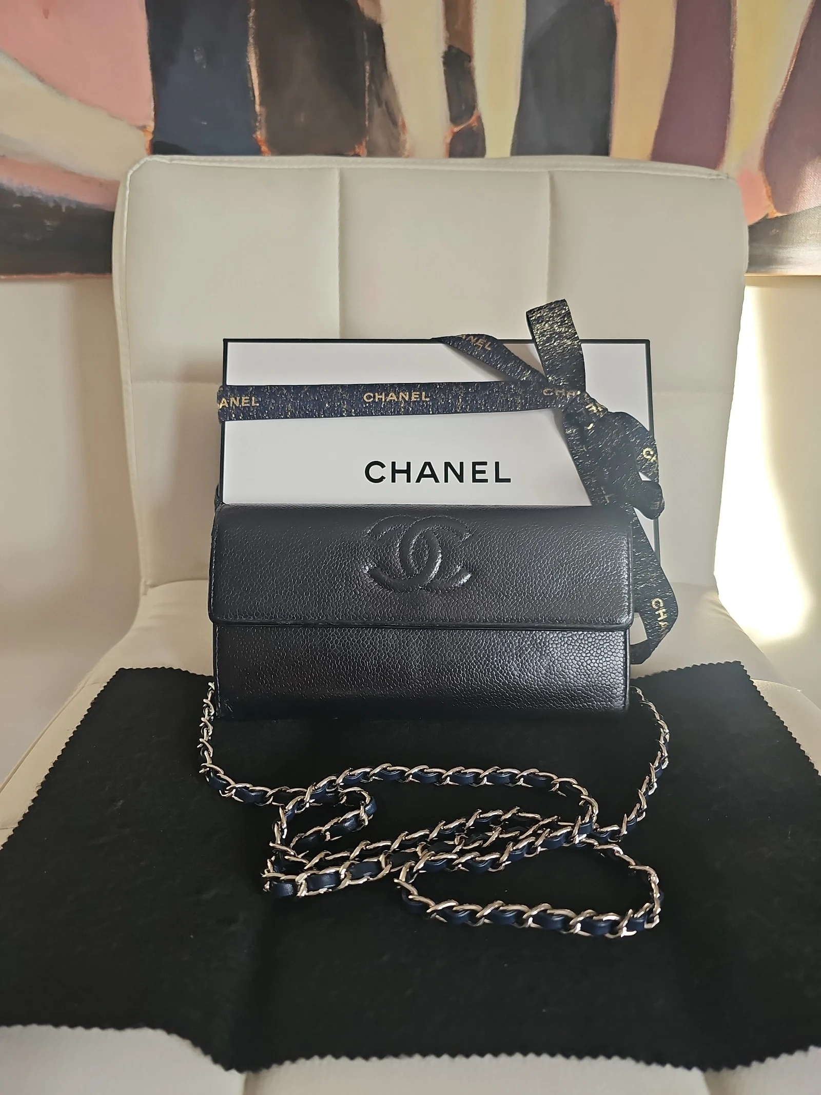 CHANEL Navy Blue Caviar Leather Long Wallet