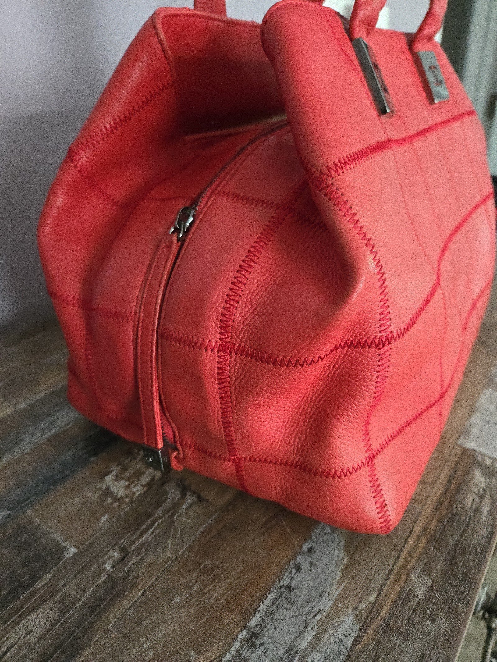 Vintage Chanel RED Square Quilted Leather Bowling Satchel