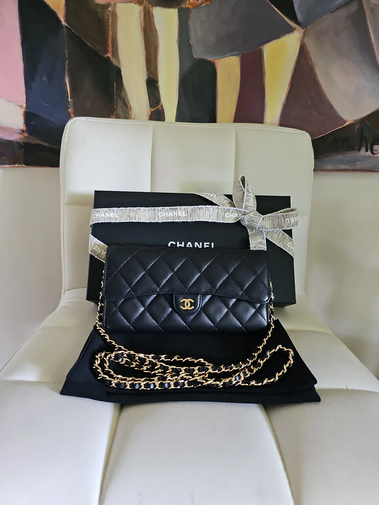 CHANEL Black Lambskin Quilted Large Gusset Flap Wallet