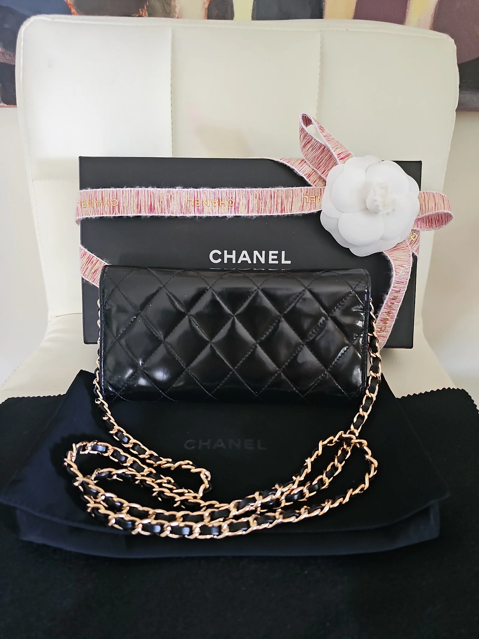 CHANEL Black Patent Leather Quilted Long Wallet