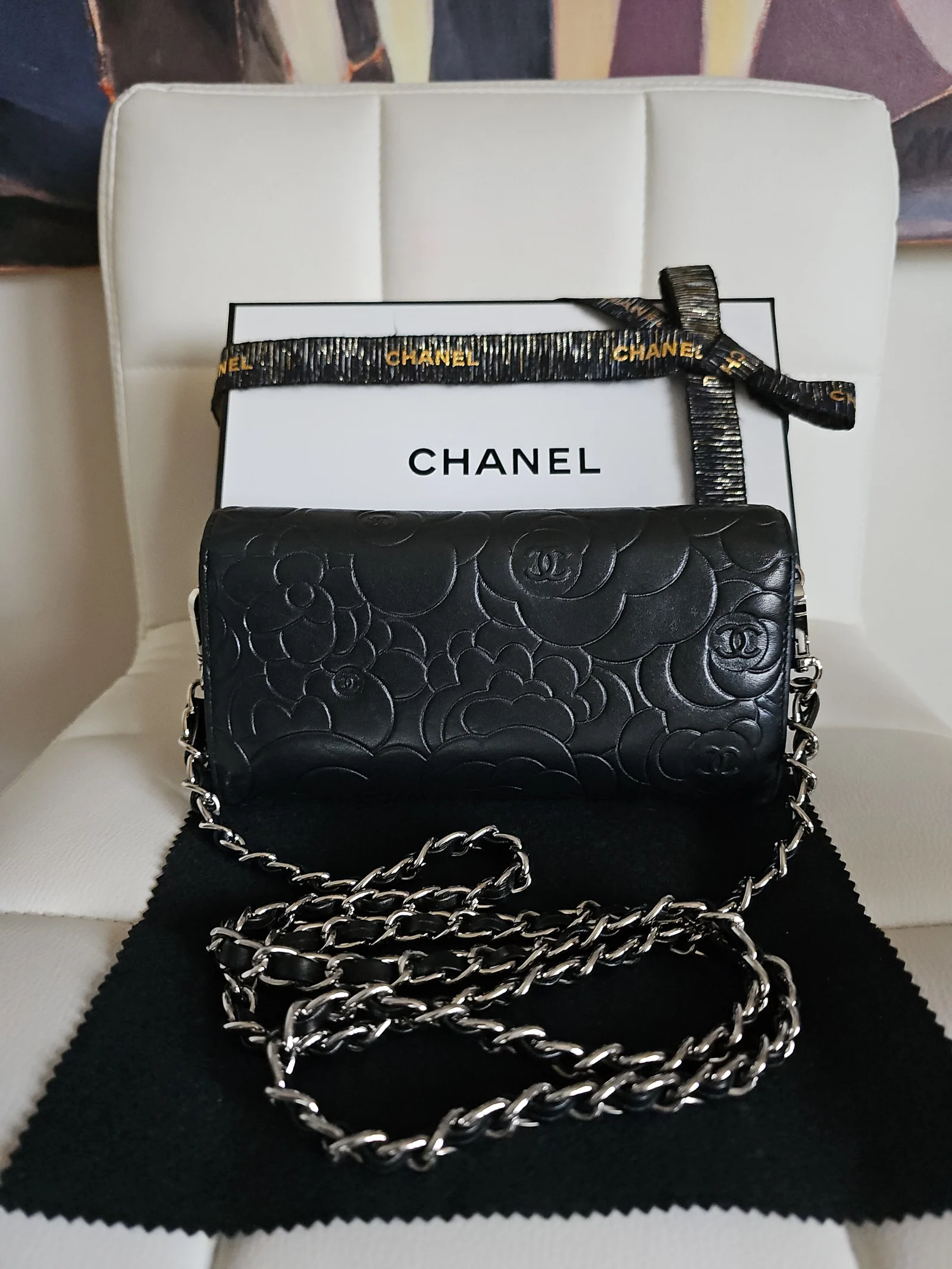 CHANEL Black Lambskin Camellia Embossed Wallet