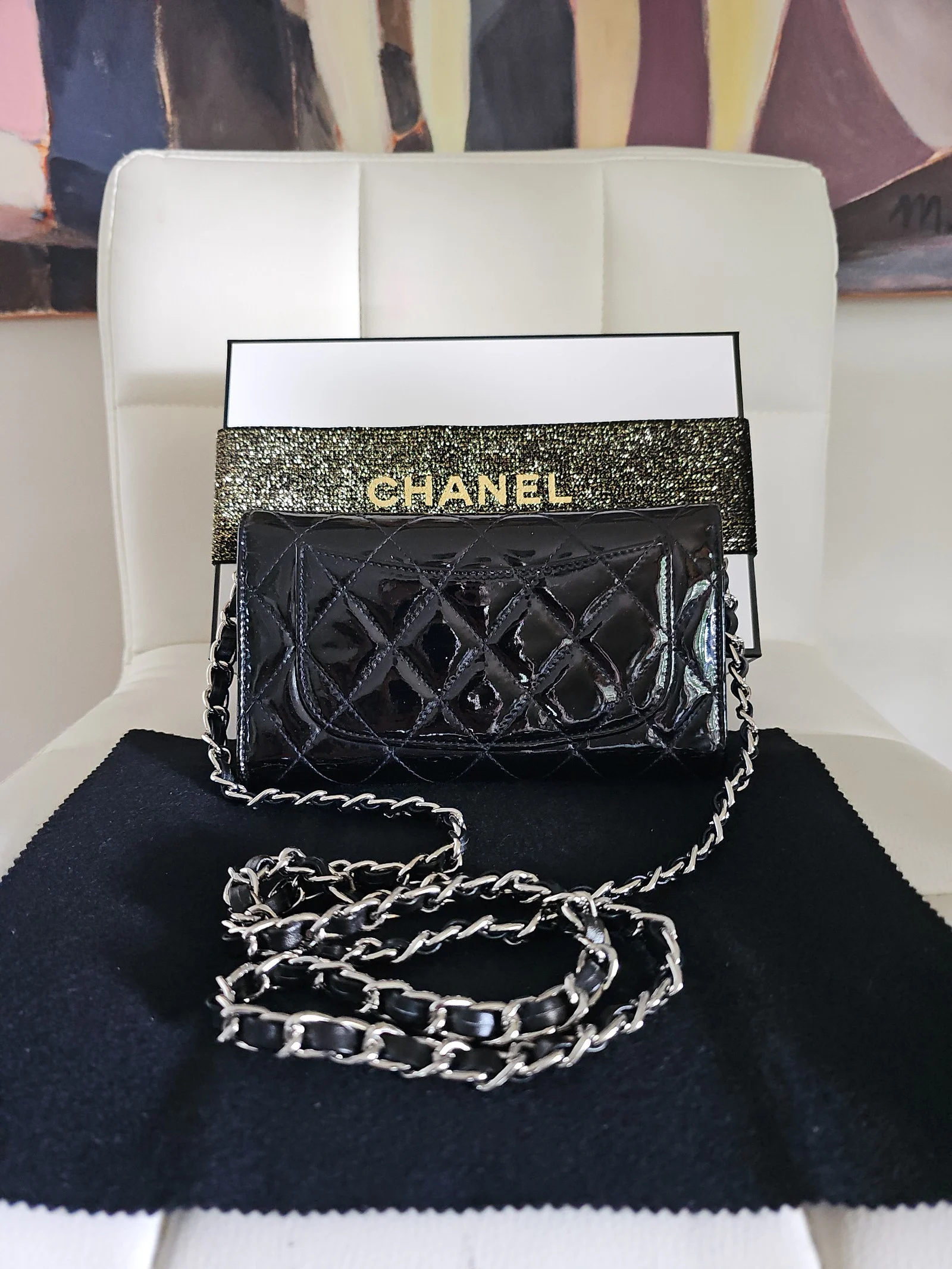 CHANEL Patent Leather Quilted Large Flap Wallet