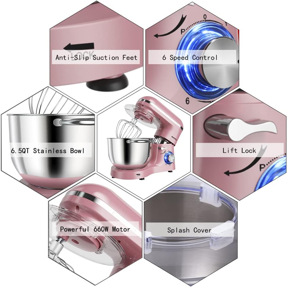 Aucma Stand Mixer,6.5-QT 660W 6-Speed Tilt-Head Food Mixer, Kitchen Electric Mixer with Dough Hook, Wire Whip & Beater (6.5QT, Black)