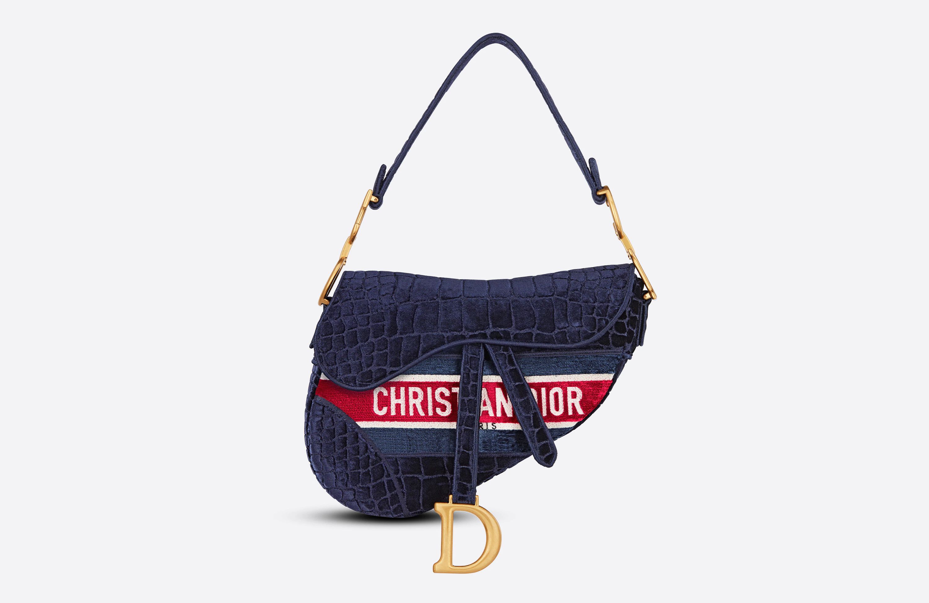 Saddle Bag Blue Crocodile-Effect Embroidered Velvet